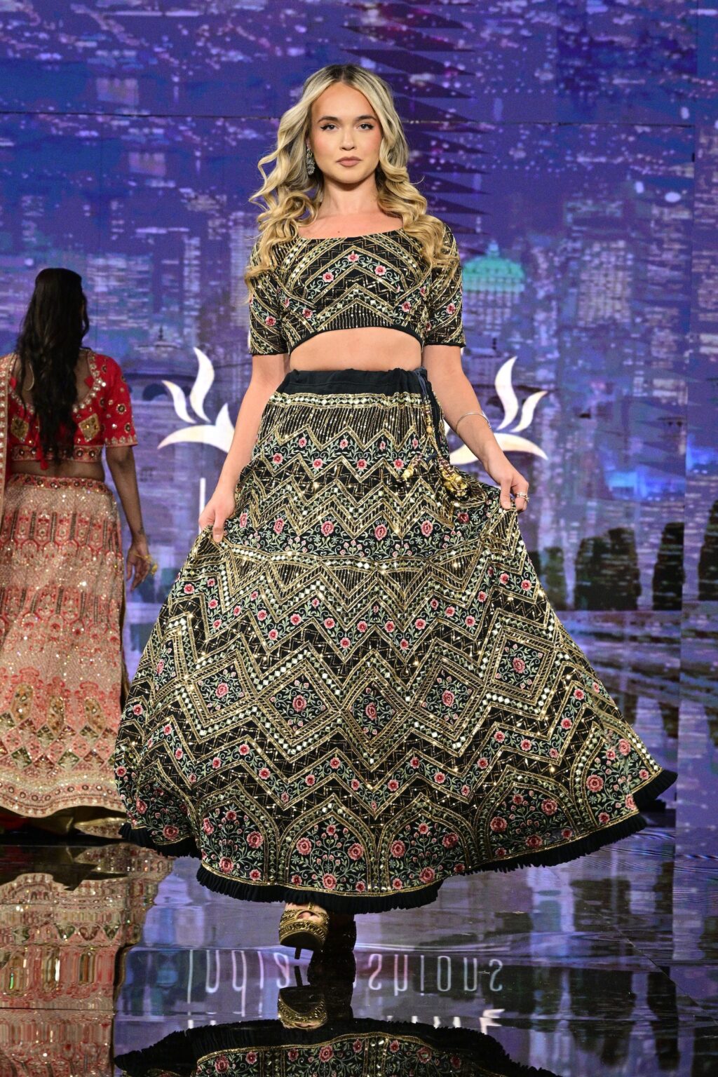 NEW YORK, NEW YORK - SEPTEMBER 11: A model walks the runway for International Heritage Fashion Week, featuring Heritage India Fashions by Prashant Goyal at The Angel Orensanz Foundation on September 11, 2025 in New York City. (Photo by Eugene Gologursky/Getty Images for Art Hearts Fashion)