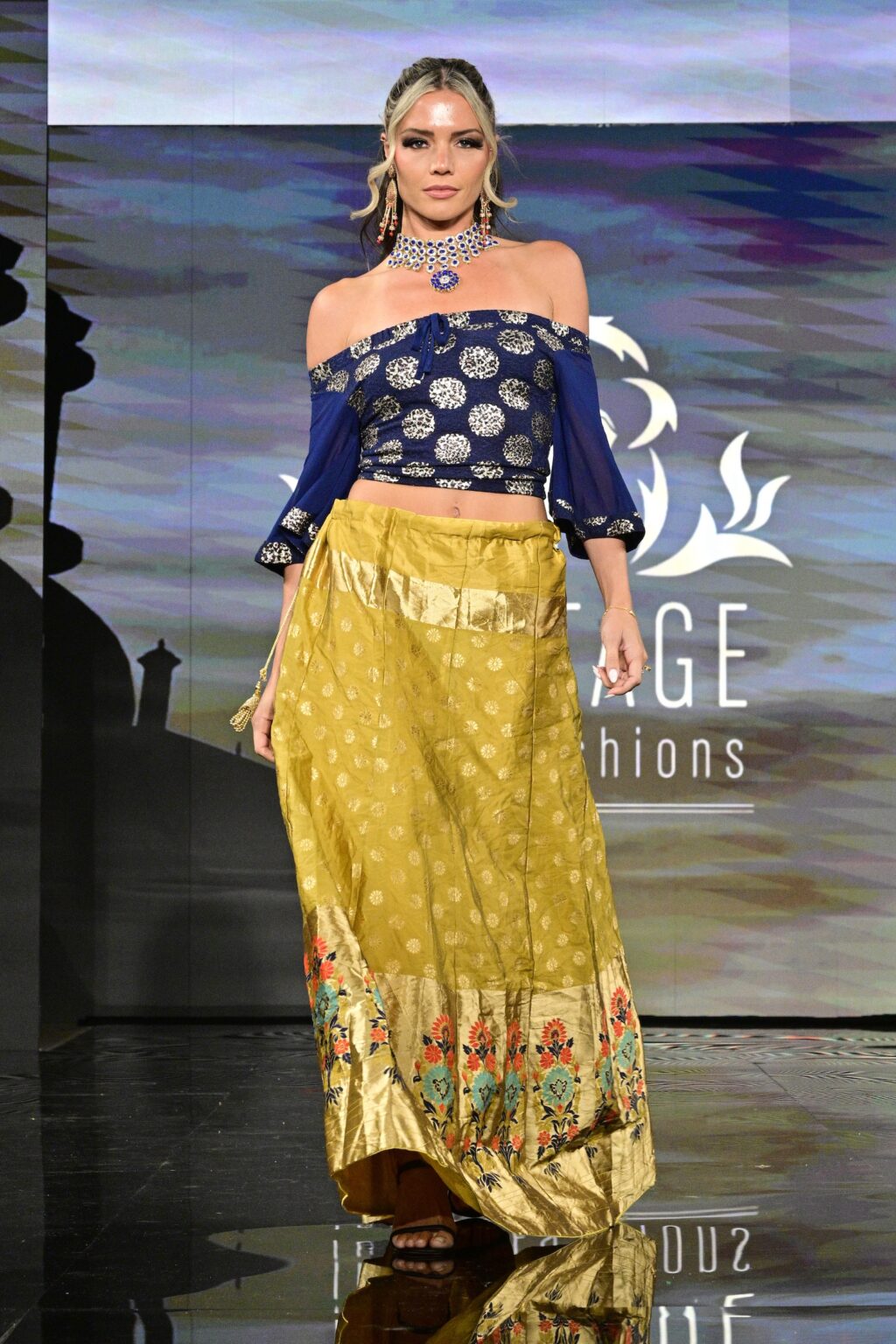NEW YORK, NEW YORK - SEPTEMBER 11: A model walks the runway for International Heritage Fashion Week, featuring Heritage India Fashions by Prashant Goyal at The Angel Orensanz Foundation on September 11, 2025 in New York City. (Photo by Eugene Gologursky/Getty Images for Art Hearts Fashion)
