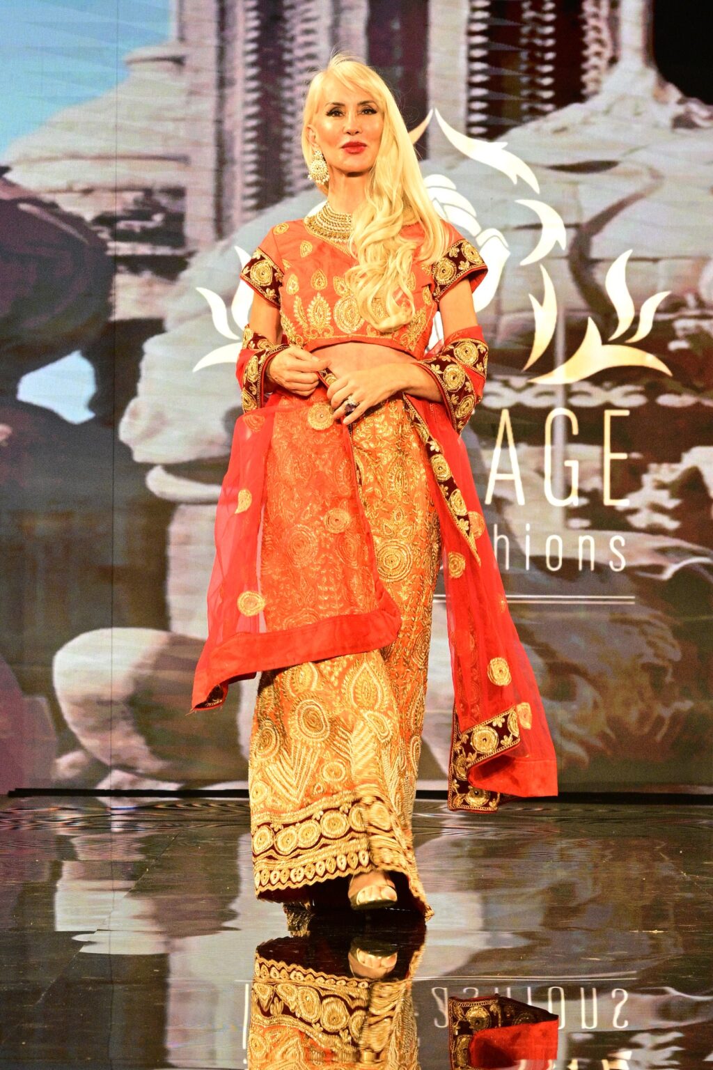 NEW YORK, NEW YORK - SEPTEMBER 11: A model walks the runway for International Heritage Fashion Week, featuring Heritage India Fashions by Prashant Goyal at The Angel Orensanz Foundation on September 11, 2025 in New York City. (Photo by Eugene Gologursky/Getty Images for Art Hearts Fashion)