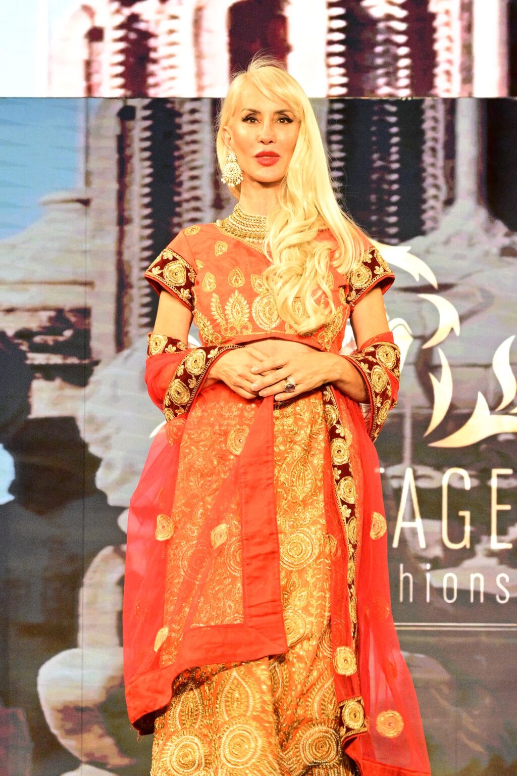 NEW YORK, NEW YORK - SEPTEMBER 11: A model walks the runway for International Heritage Fashion Week, featuring Heritage India Fashions by Prashant Goyal at The Angel Orensanz Foundation on September 11, 2025 in New York City. (Photo by Eugene Gologursky/Getty Images for Art Hearts Fashion)