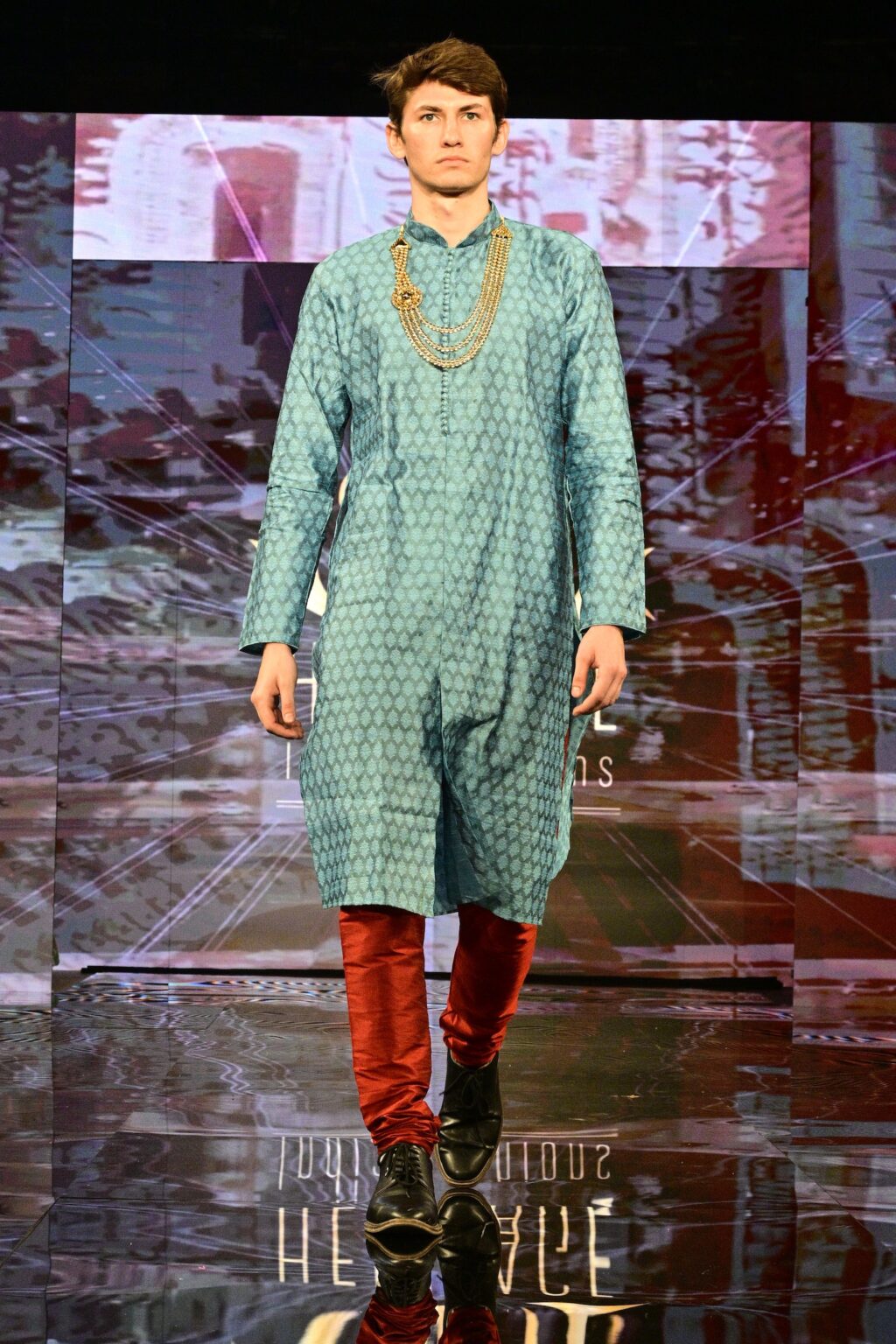 NEW YORK, NEW YORK - SEPTEMBER 11: A model walks the runway for International Heritage Fashion Week, featuring Heritage India Fashions by Prashant Goyal at The Angel Orensanz Foundation on September 11, 2025 in New York City. (Photo by Eugene Gologursky/Getty Images for Art Hearts Fashion)