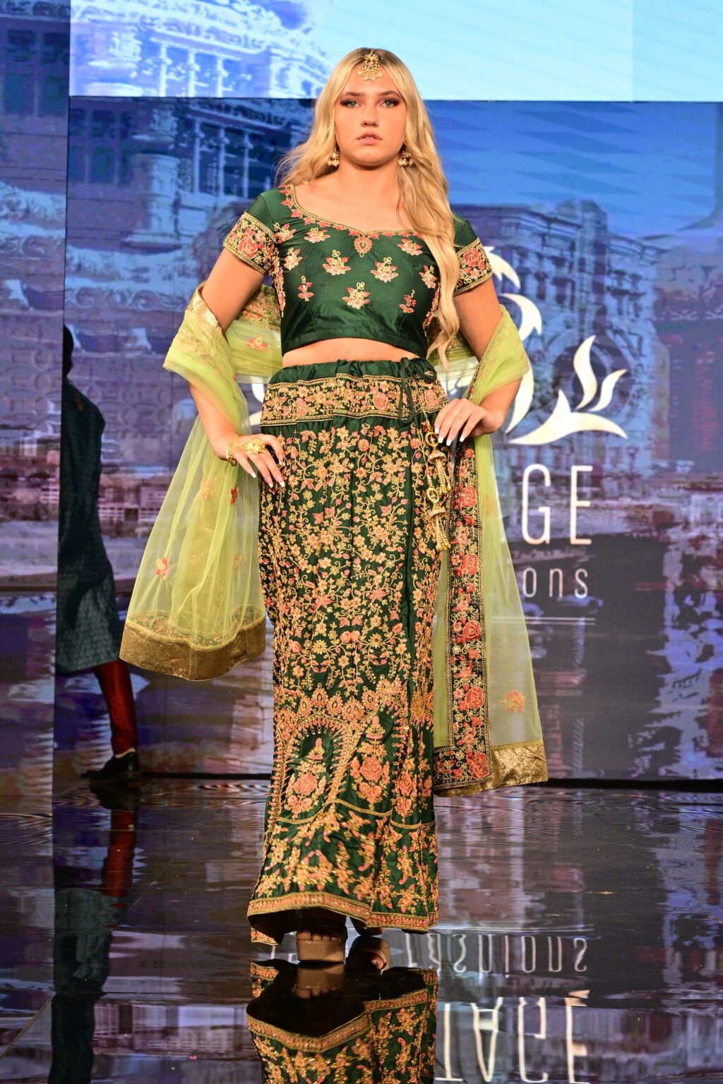 NEW YORK, NEW YORK - SEPTEMBER 11: A model walks the runway for International Heritage Fashion Week, featuring Heritage India Fashions by Prashant Goyal at The Angel Orensanz Foundation on September 11, 2025 in New York City. (Photo by Eugene Gologursky/Getty Images for Art Hearts Fashion)