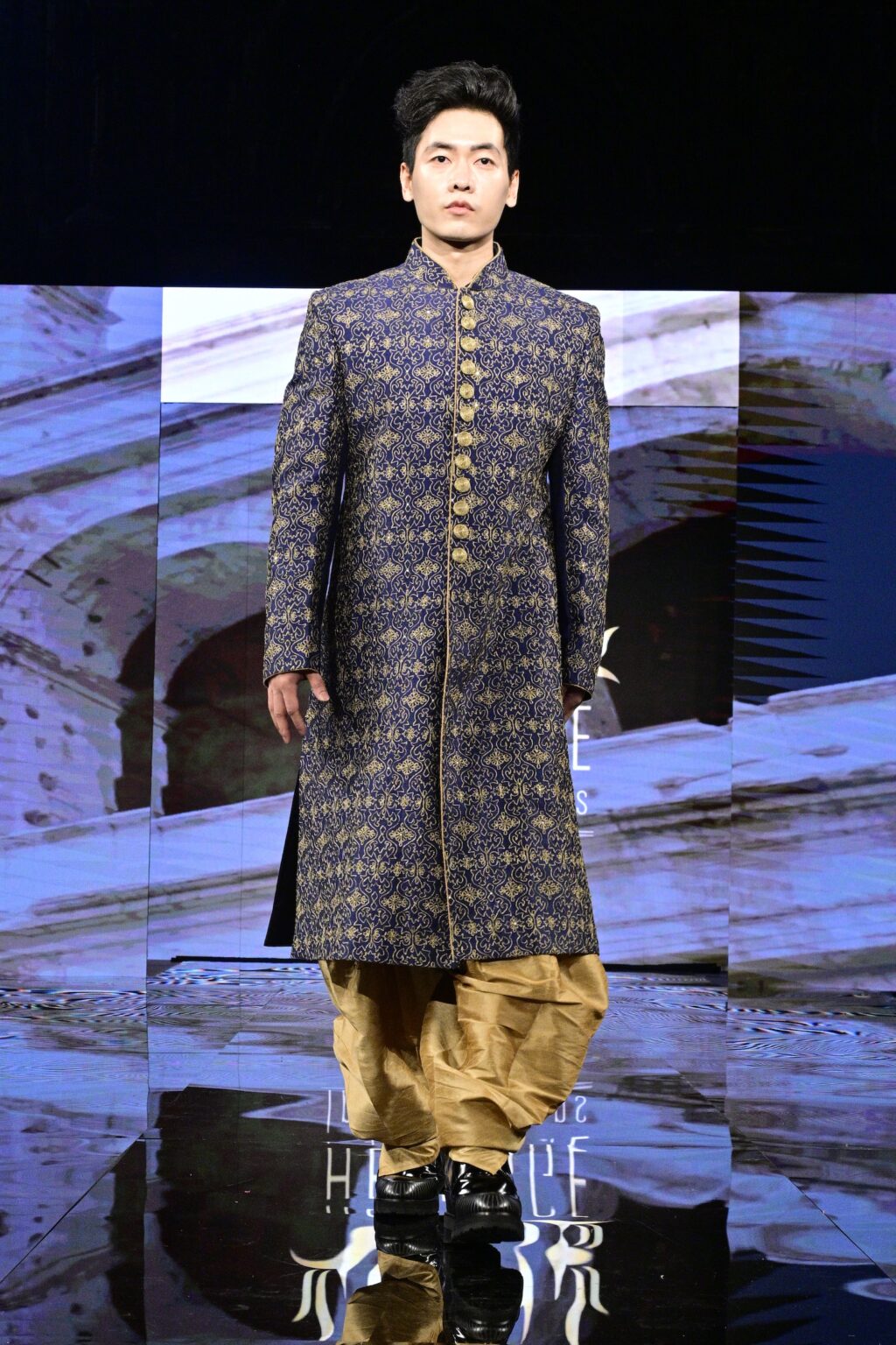 NEW YORK, NEW YORK - SEPTEMBER 11: A model walks the runway for International Heritage Fashion Week, featuring Heritage India Fashions by Prashant Goyal at The Angel Orensanz Foundation on September 11, 2025 in New York City. (Photo by Eugene Gologursky/Getty Images for Art Hearts Fashion)