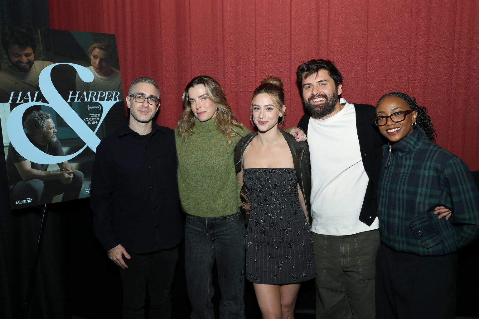 Brooklyn, New York - 10/16/25 - (L-R) David Ehrlich (moderator), Betty Gilpin, Lili Reinhart, Cooper Raiff and Alyah Chanelle Scott attends the Hal & Harper MUBI and Letterboxd hosted special screening and Q&A at the Alamo Drafthouse in Brooklyn on Oct 16, 2025 - PICTURED: (L-R) David Ehrlich (moderator), Betty Gilpin, Lili Reinhart, Cooper Raiff and Alyah Chanelle Scott - PHOTO by: Marion Curtis / StarPix for MUBI - Location: Alamo Drafthouse