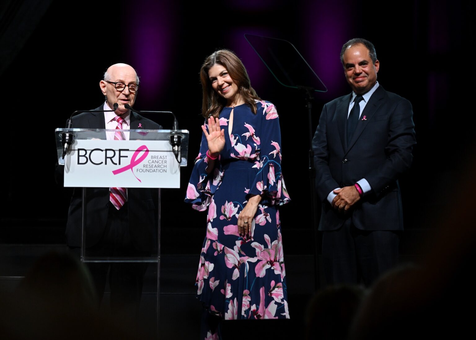 NEW YORK, NEW YORK - OCTOBER 30: (L-R) Dr. Larry Norton, Wendy Rose and Andy Rose speak onstage at the Breast Cancer Research Foundation New York Symposium & Awards Luncheon at New York Hilton Midtown on October 30, 2025 in New York City. (Photo by Bryan Bedder/Getty Images for Breast Cancer Research Foundation) PHOTO BY NOAM GALAI