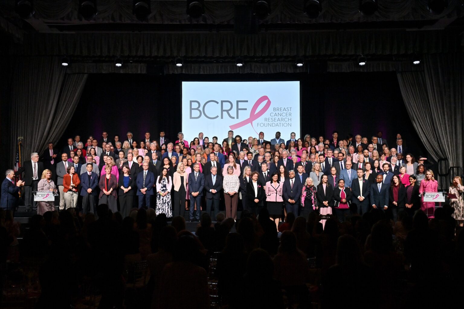 NEW YORK, NEW YORK - OCTOBER 30: Breast Cancer Research Foundation Researchers pose onstage at the Breast Cancer Research Foundation New York Symposium & Awards Luncheon at New York Hilton Midtown on October 30, 2025 in New York City. (Photo by Bryan Bedder/Getty Images for Breast Cancer Research Foundation)