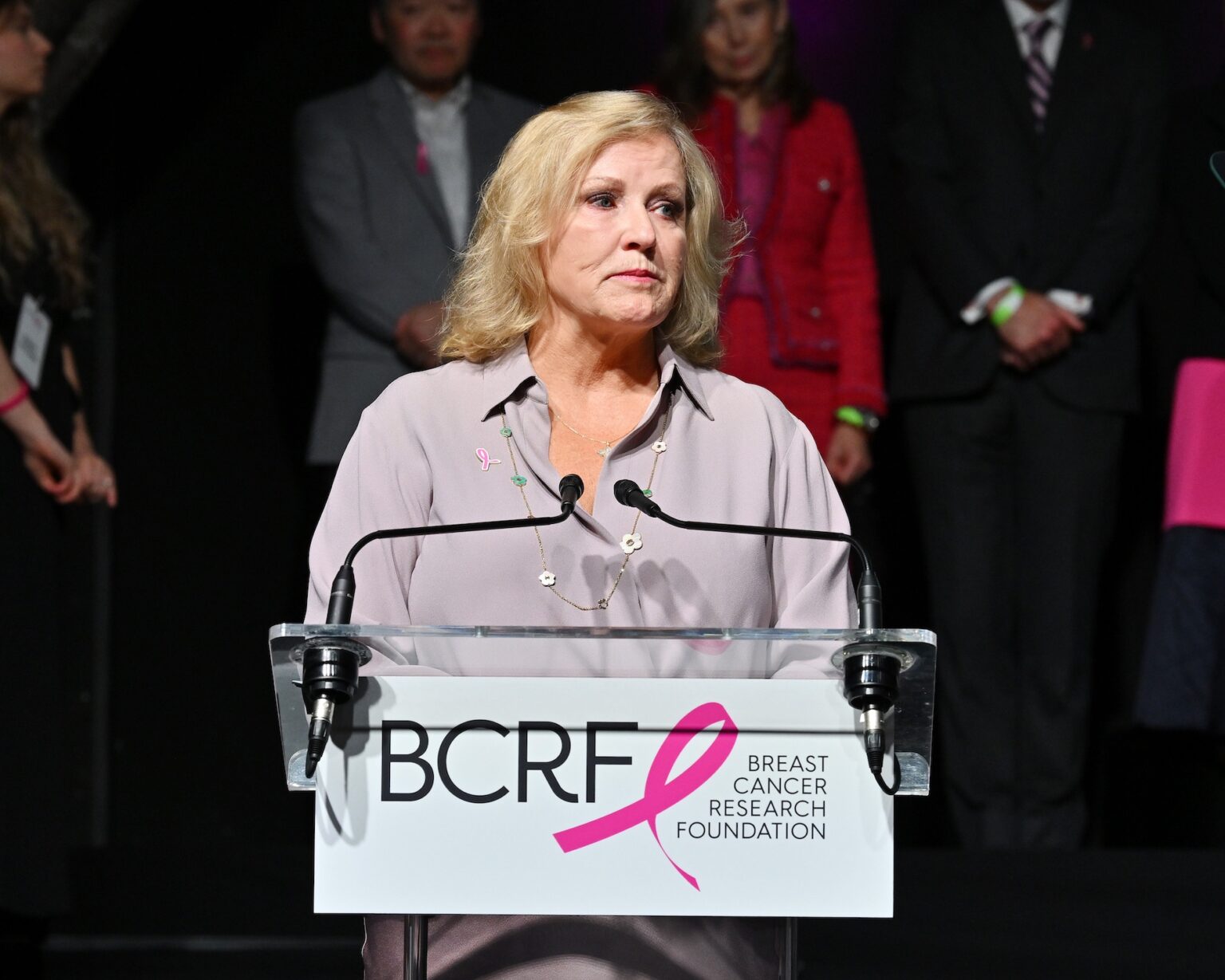 NEW YORK, NEW YORK - OCTOBER 30: Karen Hale speaks onstage at the Breast Cancer Research Foundation New York Symposium & Awards Luncheon at New York Hilton Midtown on October 30, 2025 in New York City. (Photo by Bryan Bedder/Getty Images for Breast Cancer Research Foundation)