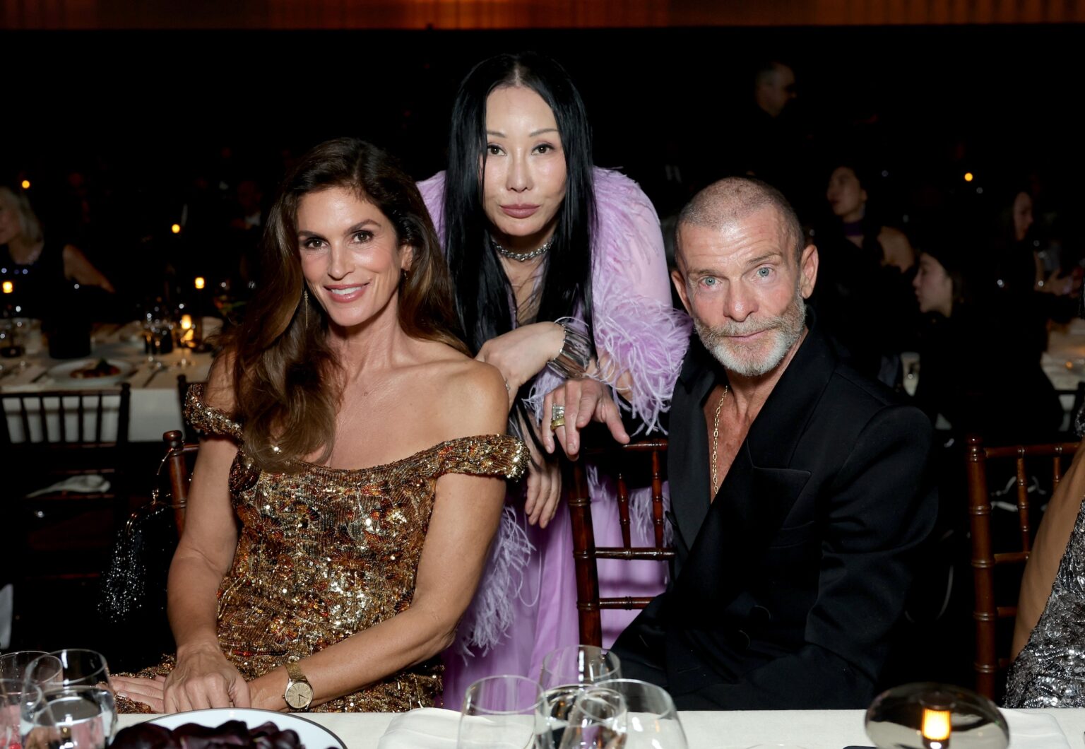 LOS ANGELES, CALIFORNIA - NOVEMBER 01: (L-R) Cindy Crawford, wearing Gucci, Eva Chow, 2025 Art+Film Gala Co-Chair, wearing Gucci, and Vivi Nevo, wearing Gucci, attend the 2025 LACMA Art+Film Gala, Presented By Gucci at Los Angeles County Museum of Art on November 01, 2025 in Los Angeles, California. (Photo by Stefanie Keenan/Getty Images for LACMA)