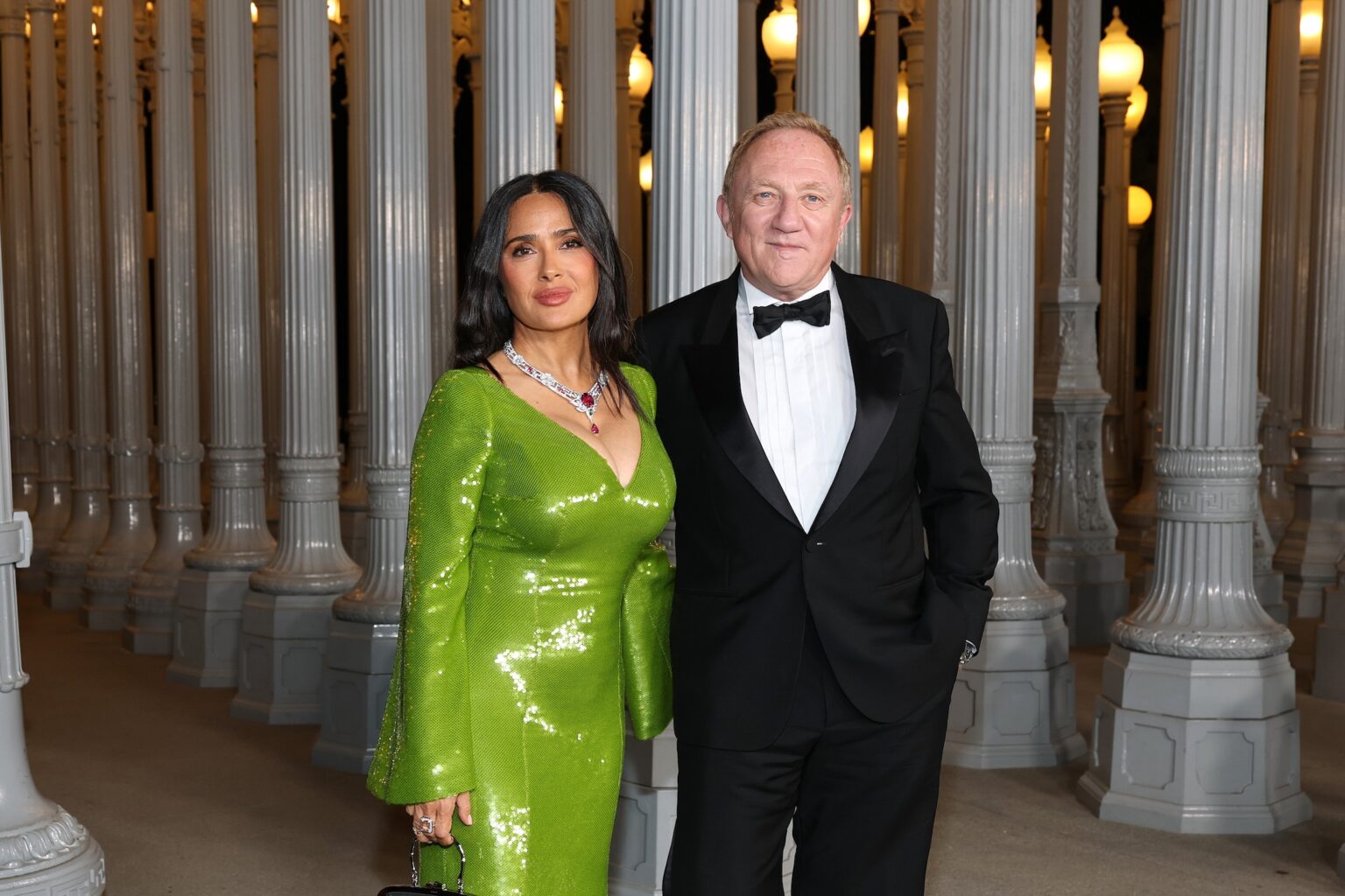 LOS ANGELES, CALIFORNIA - NOVEMBER 01: (L-R) Salma Hayek, wearing Gucci, and François-Henri Pinault attend the 2025 LACMA Art+Film Gala, Presented By Gucci at Los Angeles County Museum of Art on November 01, 2025 in Los Angeles, California. (Photo by Amy Sussman/Getty Images for LACMA)