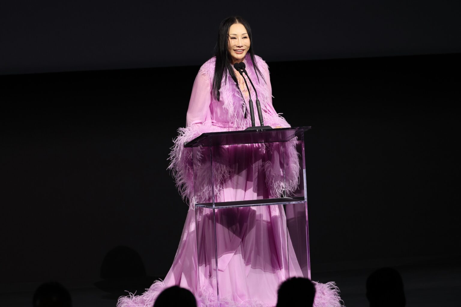 LOS ANGELES, CALIFORNIA - NOVEMBER 01: Eva Chow, 2025 Art+Film Gala Co-Chair, wearing Gucci, speaks onstage during the 2025 LACMA Art+Film Gala, Presented By Gucci at Los Angeles County Museum of Art on November 01, 2025 in Los Angeles, California. (Photo by Amy Sussman/Getty Images for LACMA)