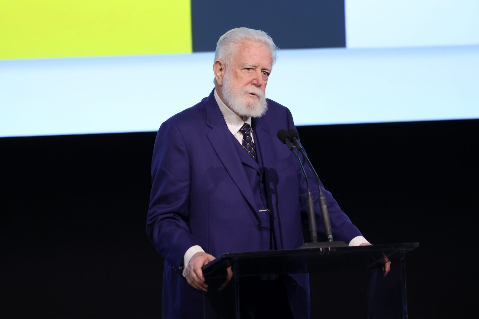 LOS ANGELES, CALIFORNIA - NOVEMBER 01: James Turrell speaks onstage during the 2025 LACMA Art+Film Gala, Presented By Gucci at Los Angeles County Museum of Art on November 01, 2025 in Los Angeles, California. (Photo by Amy Sussman/Getty Images for LACMA)