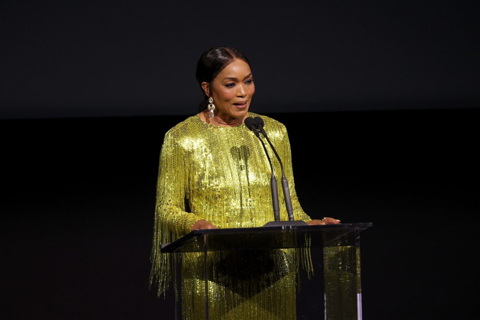 LOS ANGELES, CALIFORNIA - NOVEMBER 01: Angela Bassett, wearing Gucci, speaks onstage during the 2025 LACMA Art+Film Gala, Presented By Gucci at Los Angeles County Museum of Art on November 01, 2025 in Los Angeles, California. (Photo by Amy Sussman/Getty Images for LACMA)