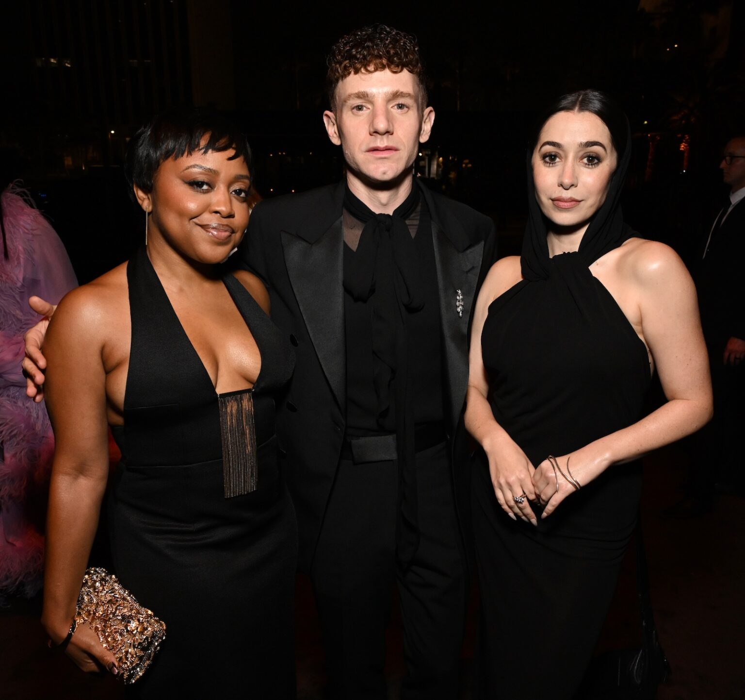 LOS ANGELES, CALIFORNIA - NOVEMBER 01: (L-R) Quinta Brunson, Chris Perfetti and Cristin Milioti attends the 2025 LACMA Art+Film Gala, Presented By Gucci at Los Angeles County Museum of Art on November 01, 2025 in Los Angeles, California. (Photo by Michael Kovac/Getty Images for LACMA)