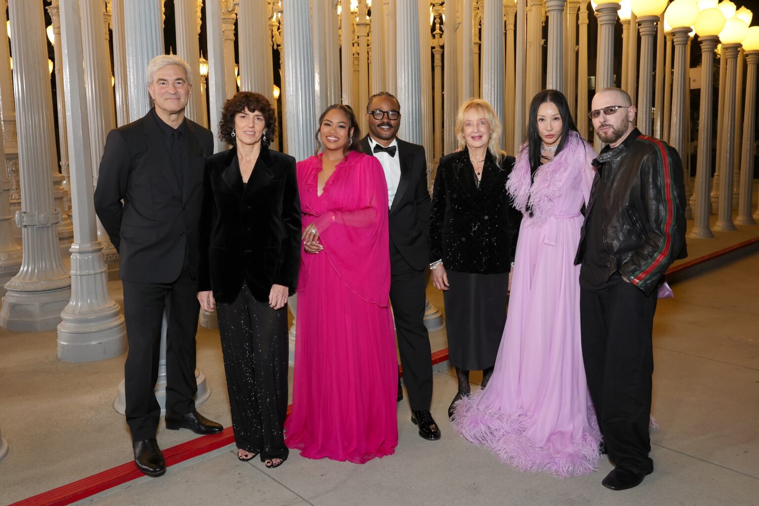 LOS ANGELES, CALIFORNIA - NOVEMBER 01: (L-R) Michael Govan, CEO, LACMA, wearing Gucci, Francesca Bellettini, President & CEO, Gucci, wearing Gucci, Zinzi Coogler, wearing Gucci, Honoree Ryan Coogler, wearing Gucci, Honoree Mary Corse, wearing Gucci, Eva Chow, 2025 Art+Film Gala Co-Chair, wearing Gucci, and Demna, Artistic Director, Gucci, wearing Gucci, attend the 2025 LACMA Art+Film Gala, Presented By Gucci at Los Angeles County Museum of Art on November 01, 2025 in Los Angeles, California. (Photo by Stefanie Keenan/Getty Images for LACMA)