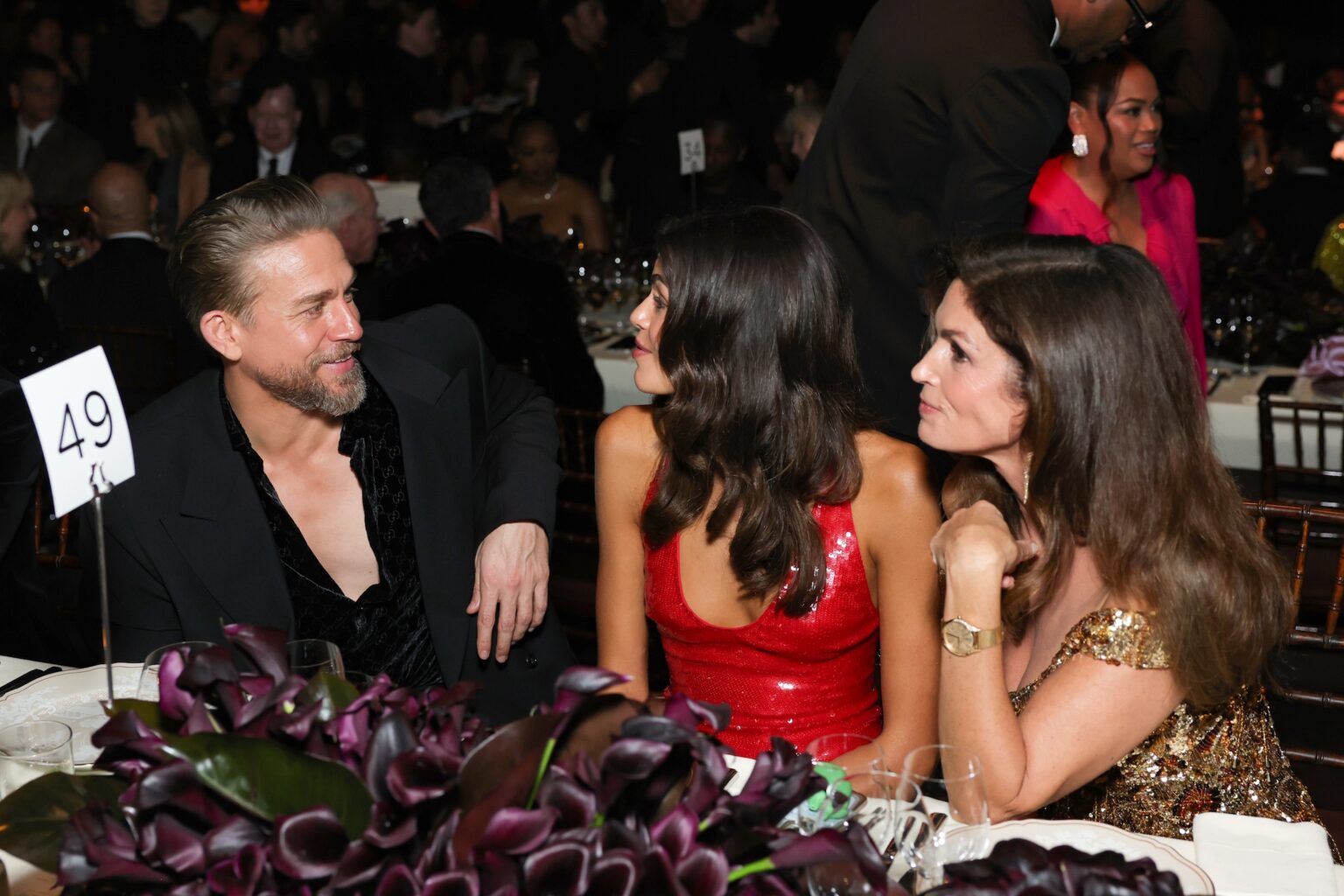 LOS ANGELES, CALIFORNIA - NOVEMBER 01: (L-R) Charlie Hunnam, Kaia Gerber, and Cindy Crawford, all wearing Gucci, attend the 2025 LACMA Art+Film Gala, Presented By Gucci at Los Angeles County Museum of Art on November 01, 2025 in Los Angeles, California. (Photo by Stefanie Keenan/Getty Images for LACMA)