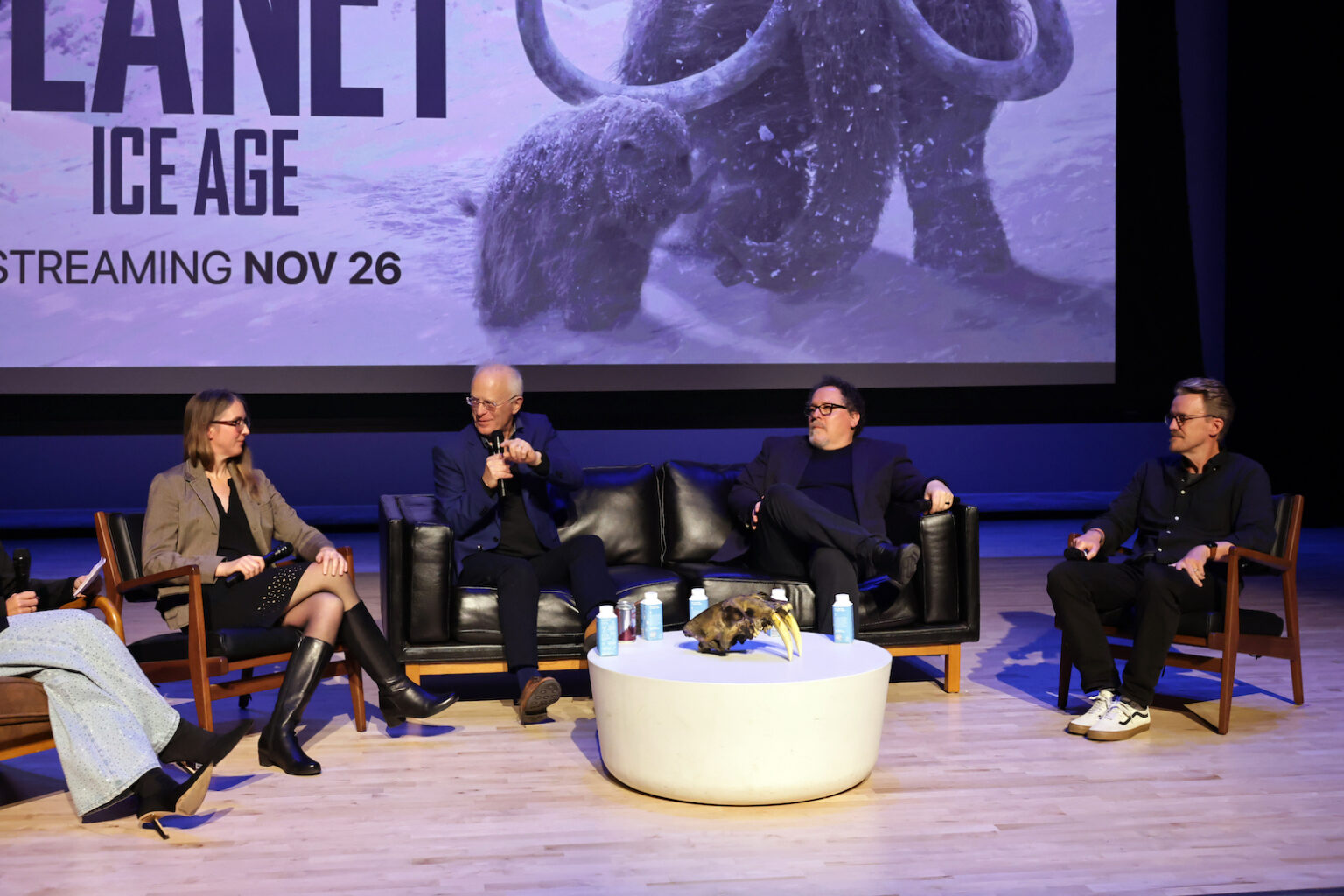 LOS ANGELES, CALIFORNIA - NOVEMBER 20: Dr. Emily Lindsey, Mike Gunton, Jon Favreau and Andrew Jones seen at a Special Screening And Behind The Scenes Conversation Of Apple TV's "Prehistoric Planet: Ice Age" at Natural History Museum Of Los Angeles County on November 20, 2025 in Los Angeles, California. (Photo by Eric Charbonneau/Apple TV via Getty Images)