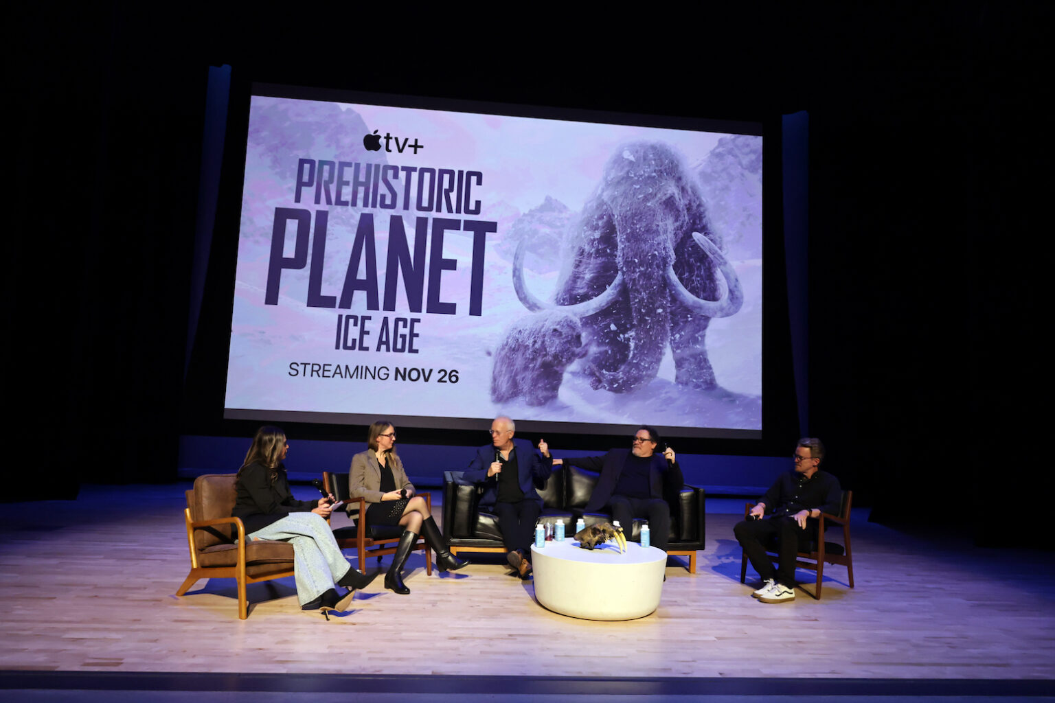 LOS ANGELES, CALIFORNIA - NOVEMBER 20: Lanae Brody, Dr. Emily Lindsey, Mike Gunton, Jon Favreau and Andrew Jones seen at a Special Screening And Behind The Scenes Conversation Of Apple TV's "Prehistoric Planet: Ice Age" at Natural History Museum Of Los Angeles County on November 20, 2025 in Los Angeles, California. (Photo by Eric Charbonneau/Apple TV via Getty Images)