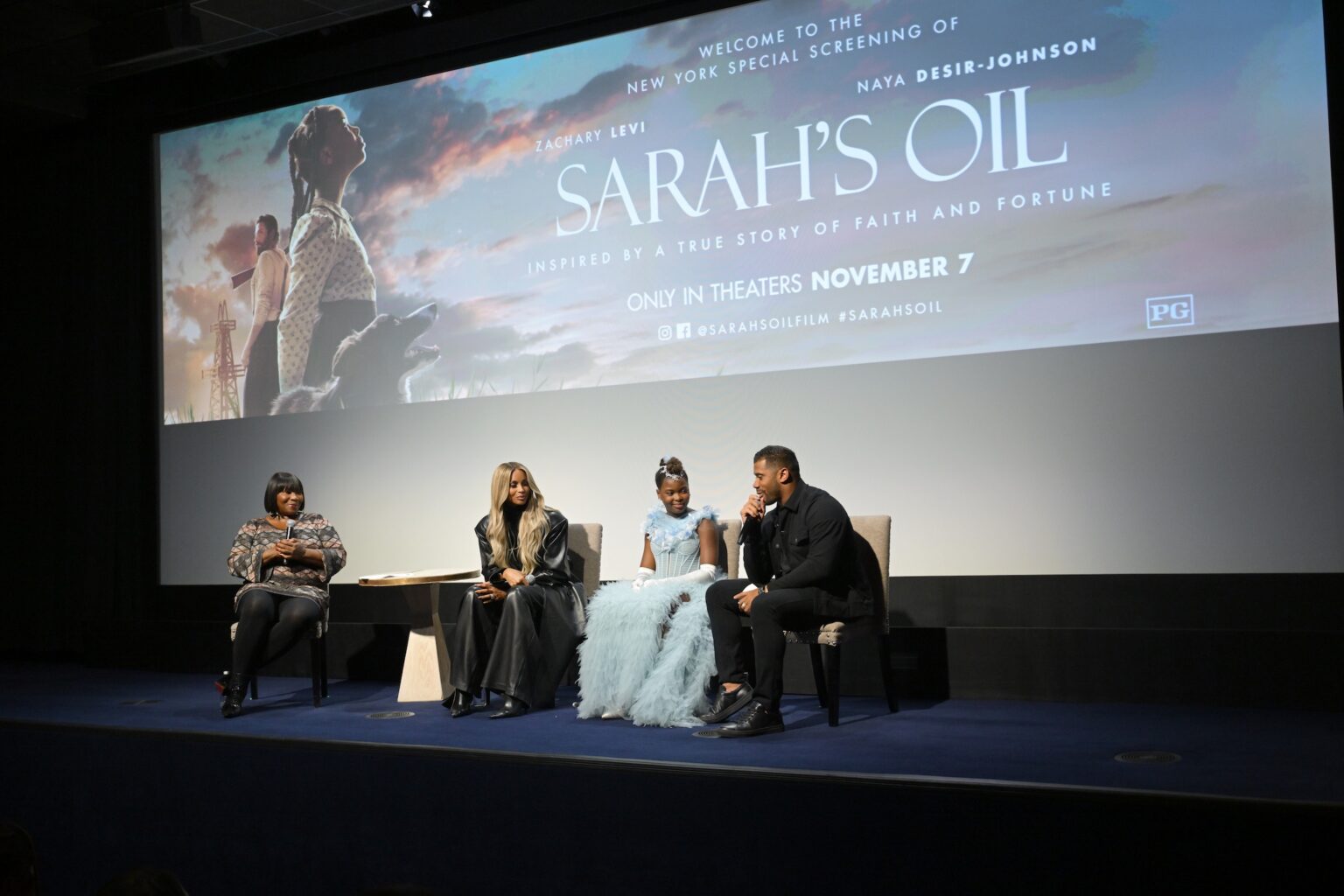 NEW YORK, NEW YORK - NOVEMBER 05: (L-R) Bevy Smith, Ciara, Naya Desir-Johnson and Russell Wilson speak onstage during the NY special screening of Amazon MGM Studios "Sarah's Oil" at The Whitby Hotel on November 05, 2025 in New York City. (Photo by Valerie Terranova/Getty Images for Amazon MGM Studios)