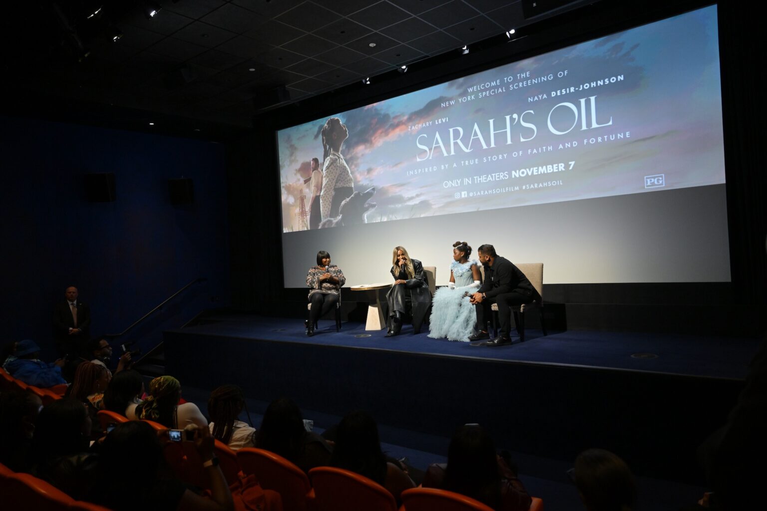 NEW YORK, NEW YORK - NOVEMBER 05: (L-R) Bevy Smith, Ciara, Naya Desir-Johnson and Russell Wilson speak onstage during the NY special screening of Amazon MGM Studios "Sarah's Oil" at The Whitby Hotel on November 05, 2025 in New York City. (Photo by Valerie Terranova/Getty Images for Amazon MGM Studios)