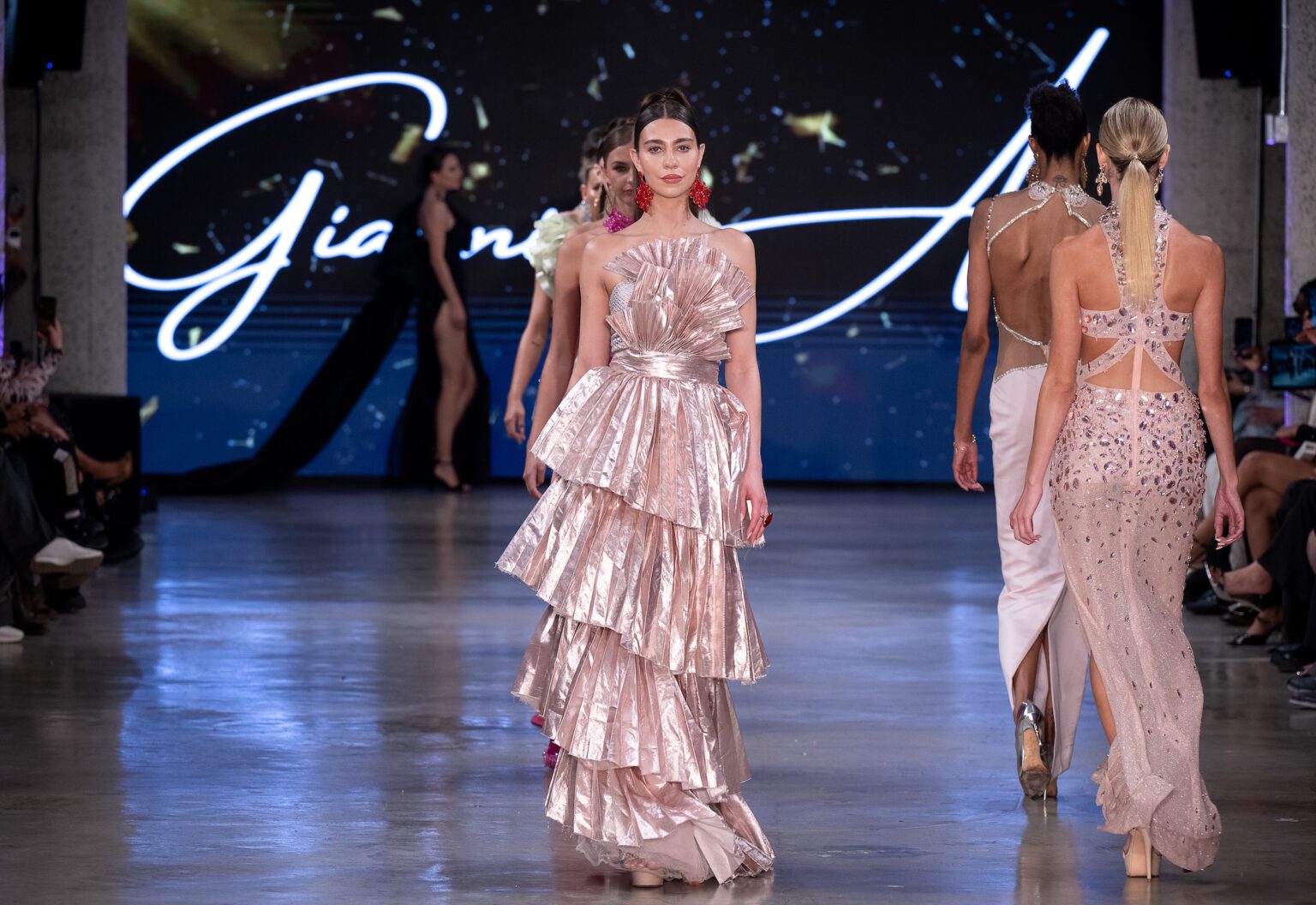 LOS ANGELES, CALIFORNIA - OCTOBER 18: Models walk the runway at the Giannina Azar show during Los Angeles Fashion Week Powered By Art Hearts Fashion at The New Mart on October 18, 2025 in Los Angeles, California. (Photo by Mark Gunter/Getty Images for Art Hearts Fashion)