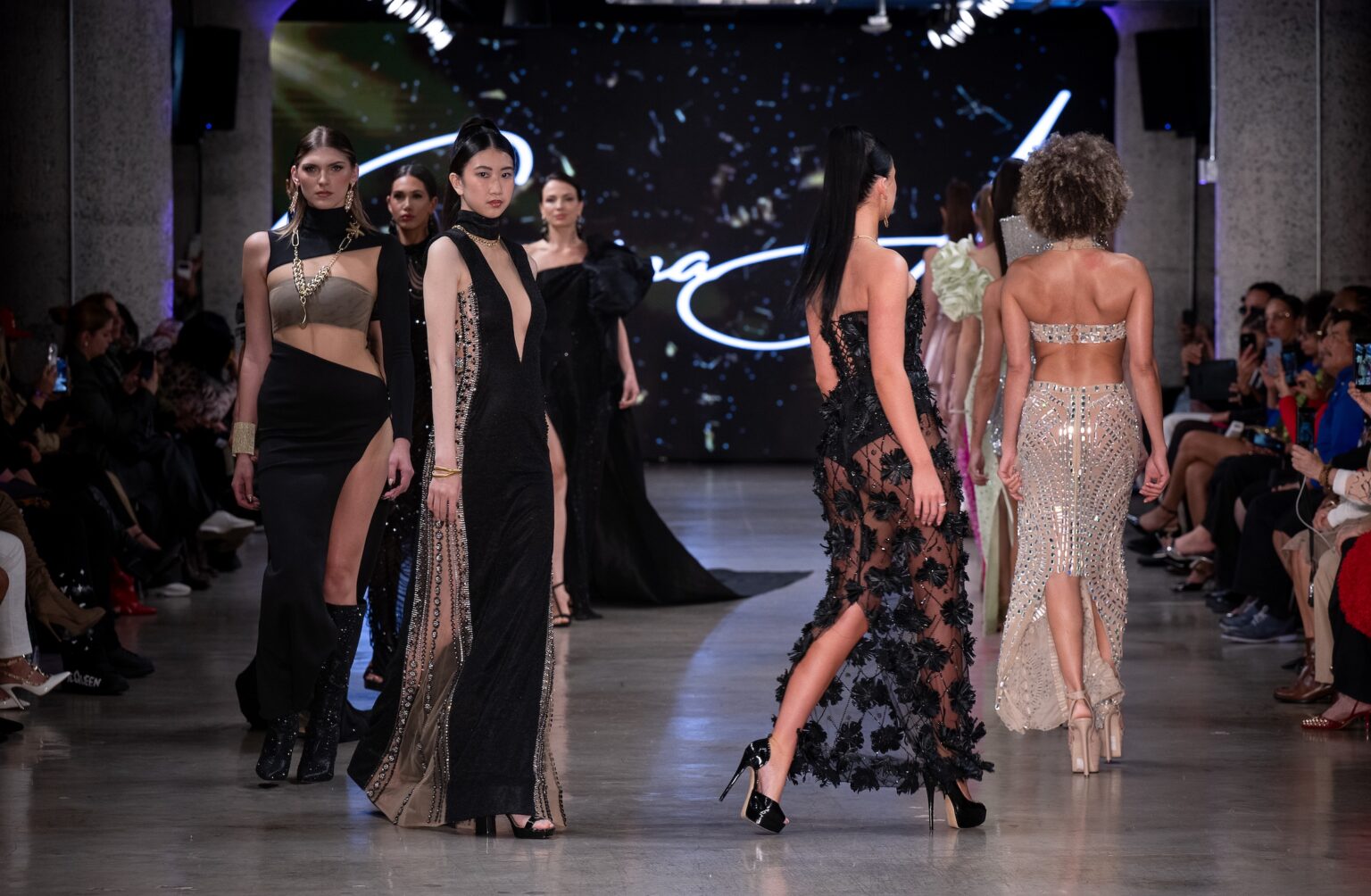 LOS ANGELES, CALIFORNIA - OCTOBER 18: Models walk the runway at the Giannina Azar show during Los Angeles Fashion Week Powered By Art Hearts Fashion at The New Mart on October 18, 2025 in Los Angeles, California. (Photo by Mark Gunter/Getty Images for Art Hearts Fashion)