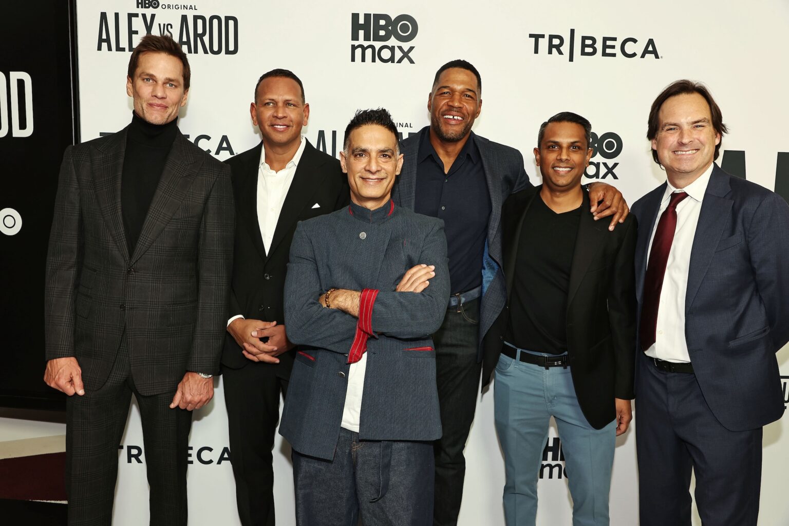 New York, New York - 11/3/25 HBO Documentary Films World Premiere of “ALEX VS AROD” -PICTURED: Tom Brady,Alex Rodriguez , Gotham Chopra ,Michael Strahan , Ameeth Sankaran and Victor Buhler - PHOTO by: Dave Allocca / Starpix - Location: DGA
