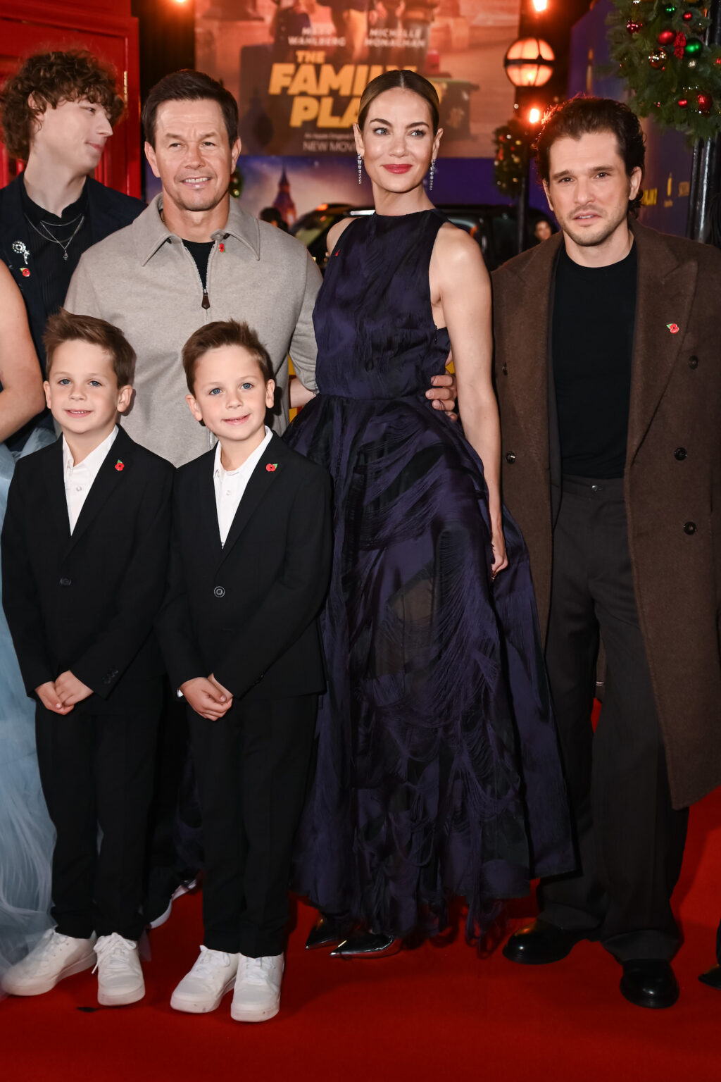 LONDON, ENGLAND - NOVEMBER 11: (L to R) Van Crosby, Theodore Lindsay, Mark Wahlberg, Peter Lindsay, Michelle Monaghan and Kit Harington attend the World Premiere of Apple Original Films' "The Family Plan 2" at Curzon Mayfair on November 11, 2025 in London, England. "The Family Plan 2" will premiere globally on Apple TV on Friday, November 21, 2025. Photo Credit: Dave Benett