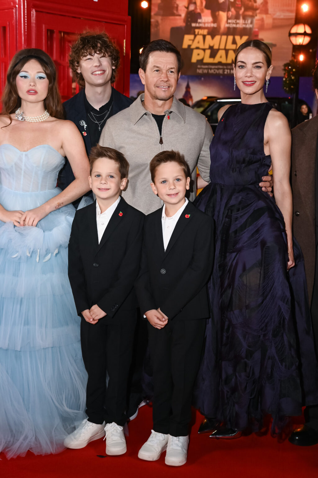 LONDON, ENGLAND - NOVEMBER 11: (L to R) Zoe Colletti, Van Crosby, Theodore Lindsay, Mark Wahlberg, Peter Lindsay and Michelle Monaghan attend the World Premiere of Apple Original Films' "The Family Plan 2" at Curzon Mayfair on November 11, 2025 in London, England. "The Family Plan 2" will premiere globally on Apple TV on Friday, November 21, 2025. Photo Credit: Dave Benett