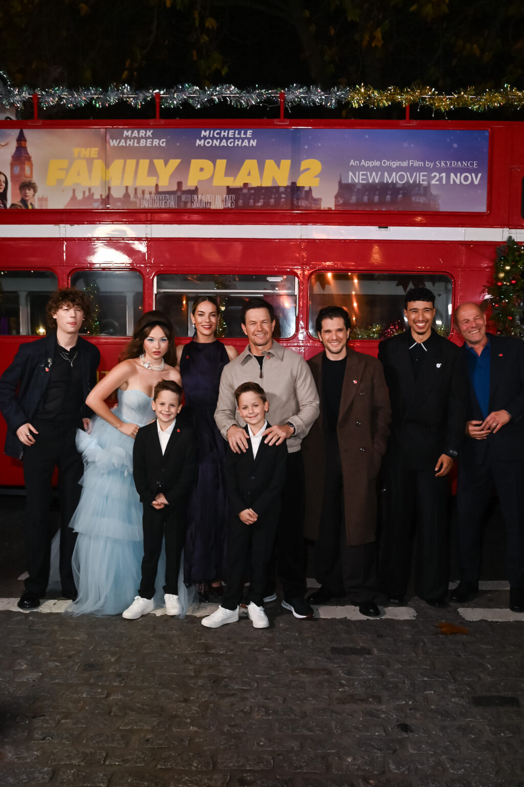 LONDON, ENGLAND - NOVEMBER 11: (L to R) Van Crosby, Zoe Colletti, Theodore Lindsay, Michelle Monaghan, Peter Lindsay, Mark Wahlberg, Kit Harington, Reda Elazouar and Simon Cellan Jones attend the World Premiere of Apple Original Films' "The Family Plan 2" at Curzon Mayfair on November 11, 2025 in London, England. "The Family Plan 2" will premiere globally on Apple TV on Friday, November 21, 2025. Photo Credit: Dave Benett