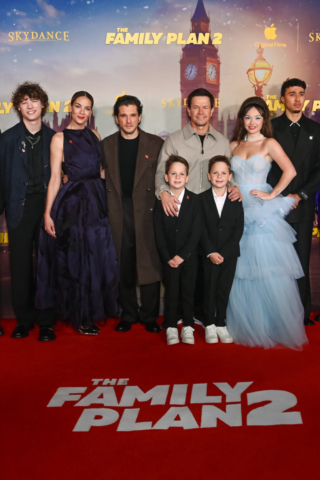 LONDON, ENGLAND - NOVEMBER 11: (L to R) Van Crosby, Michelle Monaghan, Kit Harington, Theodore Lindsay, Mark Wahlberg, Peter Lindsay, Zoe Colletti and Reda Elazouar attend the World Premiere of Apple Original Films' "The Family Plan 2" at Curzon Mayfair on November 11, 2025 in London, England. "The Family Plan 2" will premiere globally on Apple TV on Friday, November 21, 2025. Photo Credit: Dave Benett