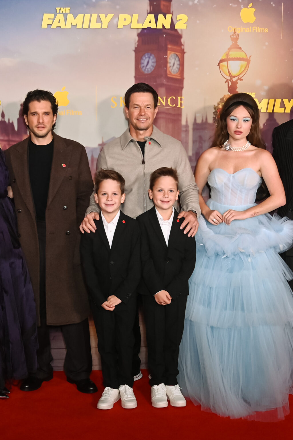 LONDON, ENGLAND - NOVEMBER 11: (L to R) Kit Harington, Theodore Lindsay, Mark Wahlberg, Peter Lindsay and Zoe Colletti attend the World Premiere of Apple Original Films' "The Family Plan 2" at Curzon Mayfair on November 11, 2025 in London, England. "The Family Plan 2" will premiere globally on Apple TV on Friday, November 21, 2025. Photo Credit: Dave Benett