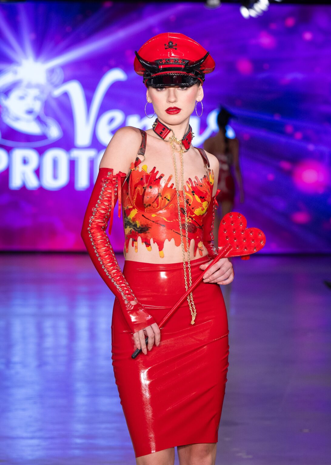 LOS ANGELES, CALIFORNIA - OCTOBER 18: A model walks the runway at the Venus Prototype show during Los Angeles Fashion Week Powered By Art Hearts Fashion at The New Mart on October 18, 2025 in Los Angeles, California. (Photo by Mark Gunter/Getty Images for Art Hearts Fashion)