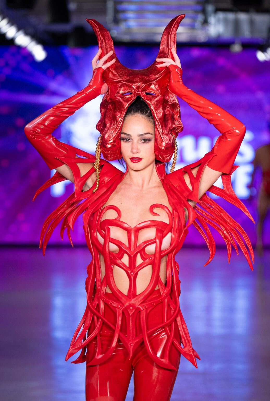 LOS ANGELES, CALIFORNIA - OCTOBER 18: A model walks the runway at the Venus Prototype show during Los Angeles Fashion Week Powered By Art Hearts Fashion at The New Mart on October 18, 2025 in Los Angeles, California. (Photo by Mark Gunter/Getty Images for Art Hearts Fashion)