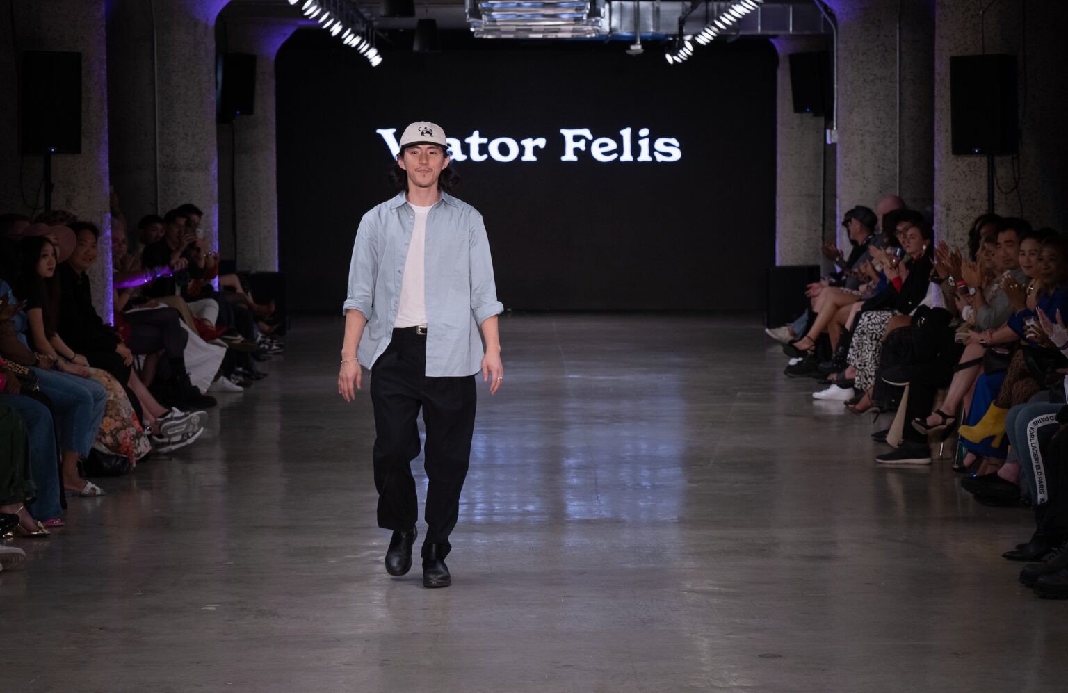 LOS ANGELES, CALIFORNIA - OCTOBER 18: Designer Viator Felis walks the runway at the Viator Felis show during Los Angeles Fashion Week Powered By Art Hearts Fashion at The New Mart on October 18, 2025 in Los Angeles, California. (Photo by Mark Gunter/Getty Images for Art Hearts Fashion)