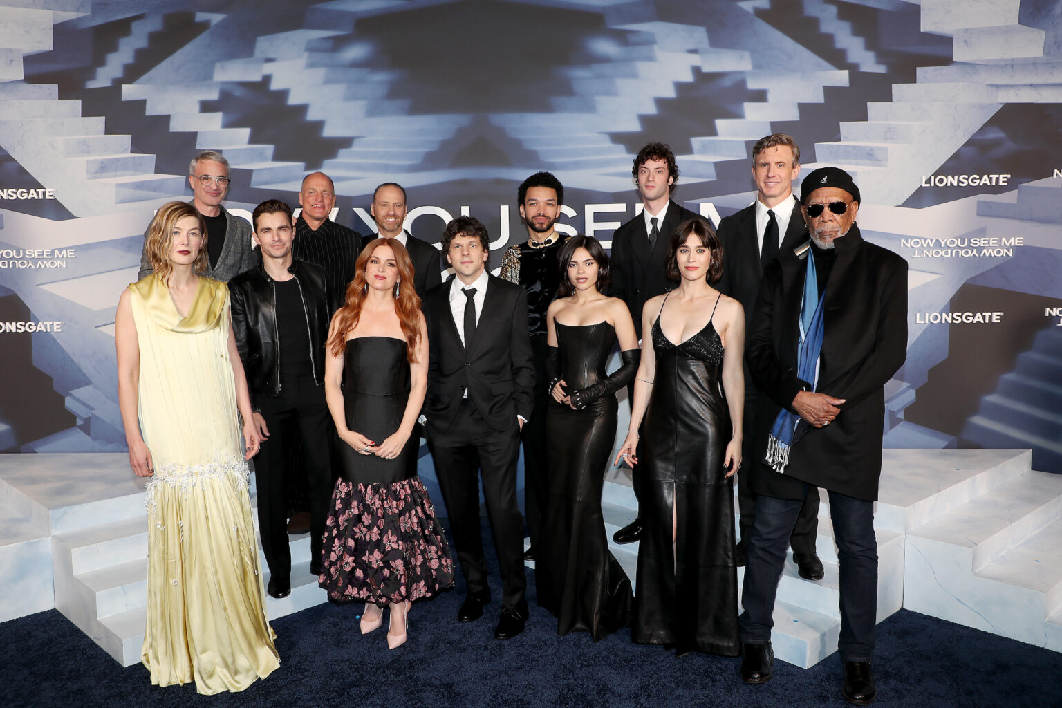 New York, New York - 11/10/25 - (L-R) Rosamund Pike, Alex Kurtzman, Dave Franco, Woody Harrelson, Bobby Cohen, Isla Fisher, Jesse Eisenberg, Justice Smith, Ariana Greenblatt, Dominic Sessa, Lizzy Caplan, Ruben Fleischer and Morgan Freeman attends the Lionsgate New York Premiere of Now You See Me: Now You Don’t - PICTURED: (L-R) Rosamund Pike, Alex Kurtzman, Dave Franco, Woody Harrelson, Bobby Cohen, Isla Fisher, Jesse Eisenberg, Justice Smith, Ariana Greenblatt, Dominic Sessa, Lizzy Caplan, Ruben Fleischer and Morgan Freeman - PHOTO by: Marion Curtis / StarPix for Lionsgate - Location: Lighthouse @ Pier 61