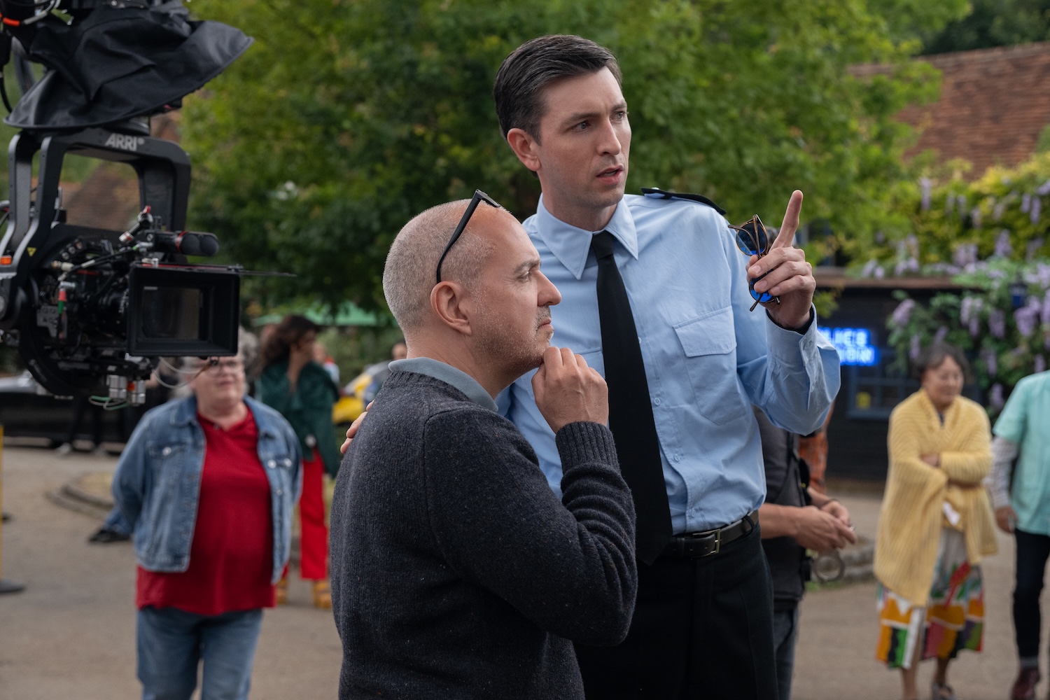 Director Kyle Balda and actor Nicholas Braun on the set of their film THE SHEEP DETECTIVES, from Amazon MGM Studios. Photo credit: Alex Bailey © 2026 Amazon Content Services LLC. All Rights Reserved.