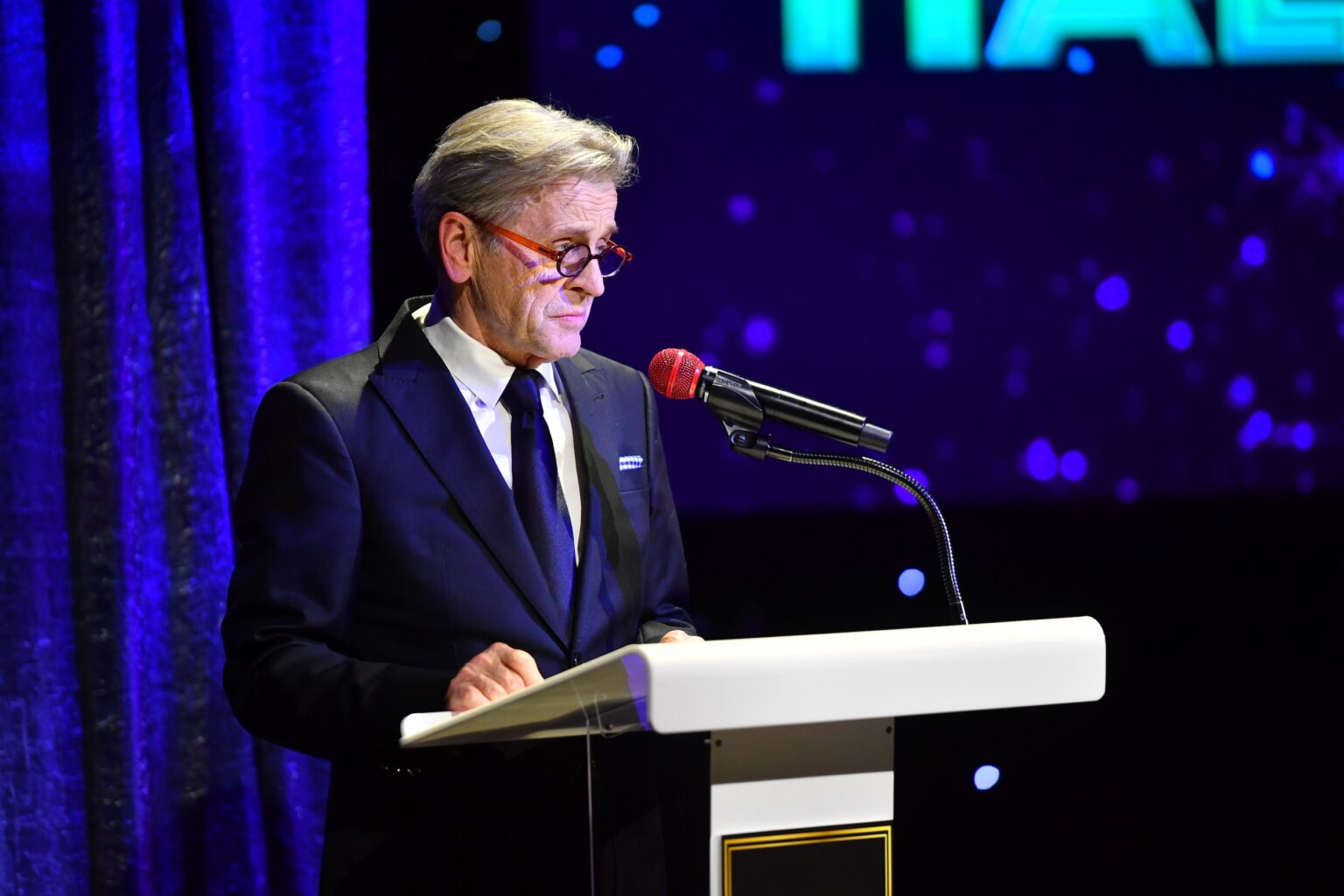 CULVER CITY, CALIFORNIA - DECEMBER 03: Mikhail Baryshnikov is inducted into the Dance Hall of Fame onstage during The Inaugural Dance Hall Of Fame Ceremony Honoring The Most Influential Artists In Dance History at Glorya Kaufman Community Center on December 03, 2025 in Culver City, California. (Photo by Alberto E. Rodriguez/Getty Images for Dance Hall of Fame)