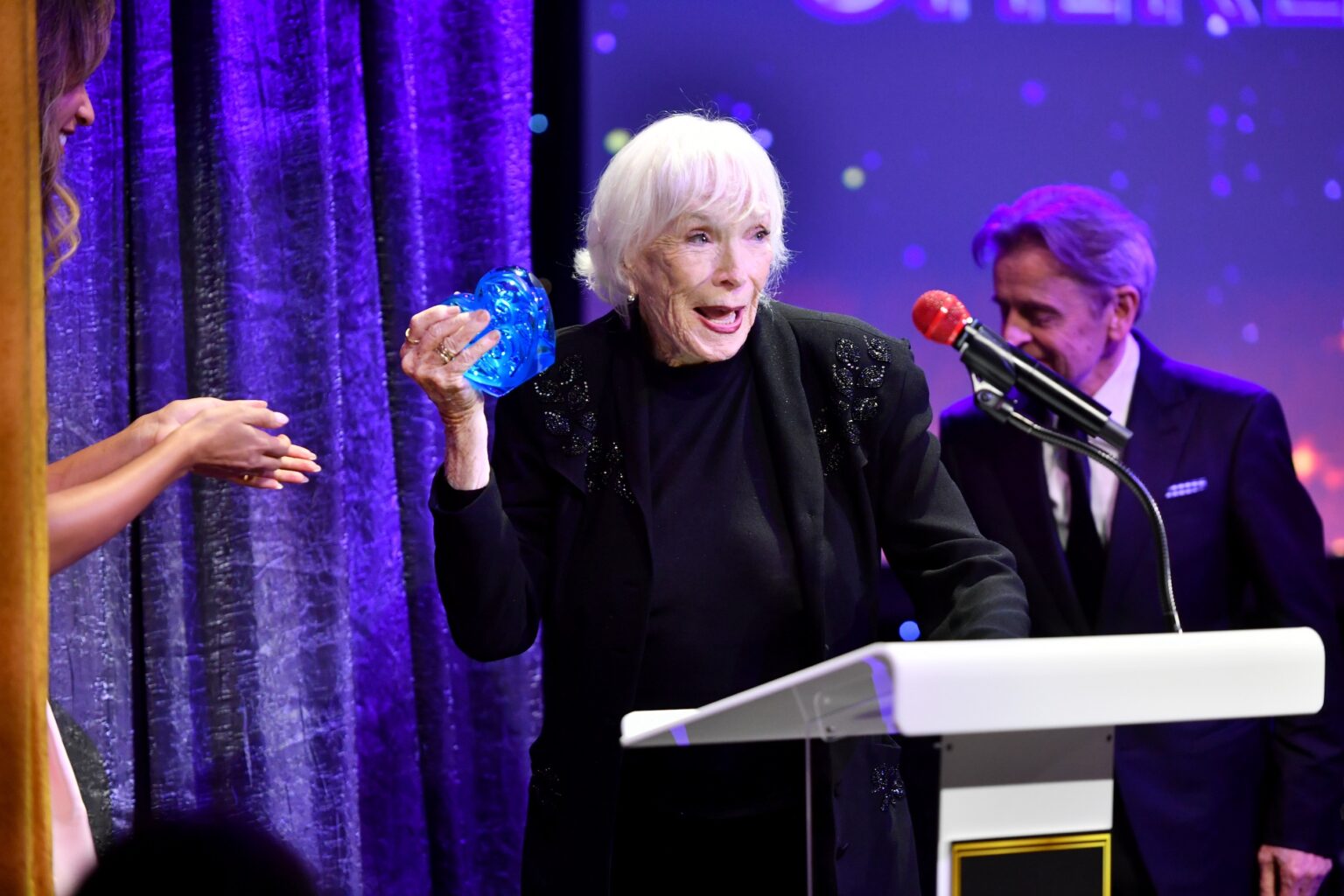 CULVER CITY, CALIFORNIA - DECEMBER 03: Shirley MacLaine accepts the Lifetime Achievement Award onstage during the inaugural Dance Hall of Fame ceremony honoring the most influential artists in dance history at Glorya Kaufman Community Center on December 03, 2025 in Culver City, California. (Photo by Alberto E. Rodriguez/Getty Images for Dance Hall of Fame)