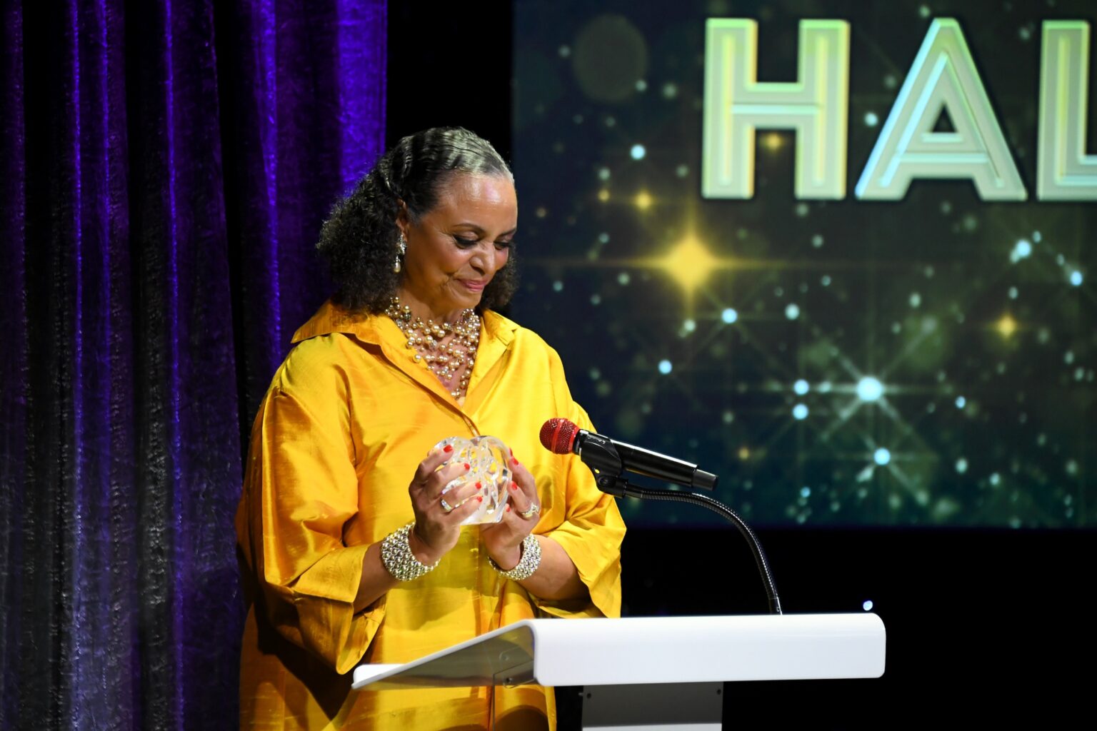CULVER CITY, CALIFORNIA - DECEMBER 03: Donna Wood speaks onstage during the inaugural Dance Hall of Fame ceremony honoring the most influential artists in dance history at Glorya Kaufman Community Center on December 03, 2025 in Culver City, California. (Photo by Alberto E. Rodriguez/Getty Images for Dance Hall of Fame)