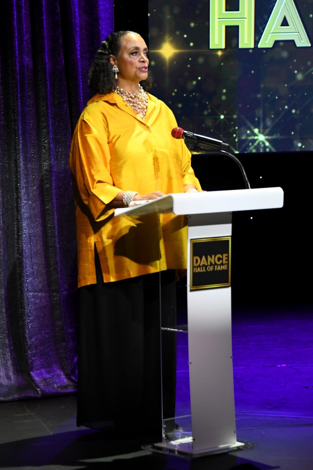 CULVER CITY, CALIFORNIA - DECEMBER 03: Donna Wood speaks onstage during the inaugural Dance Hall of Fame ceremony honoring the most influential artists in dance history at Glorya Kaufman Community Center on December 03, 2025 in Culver City, California. (Photo by Alberto E. Rodriguez/Getty Images for Dance Hall of Fame)
