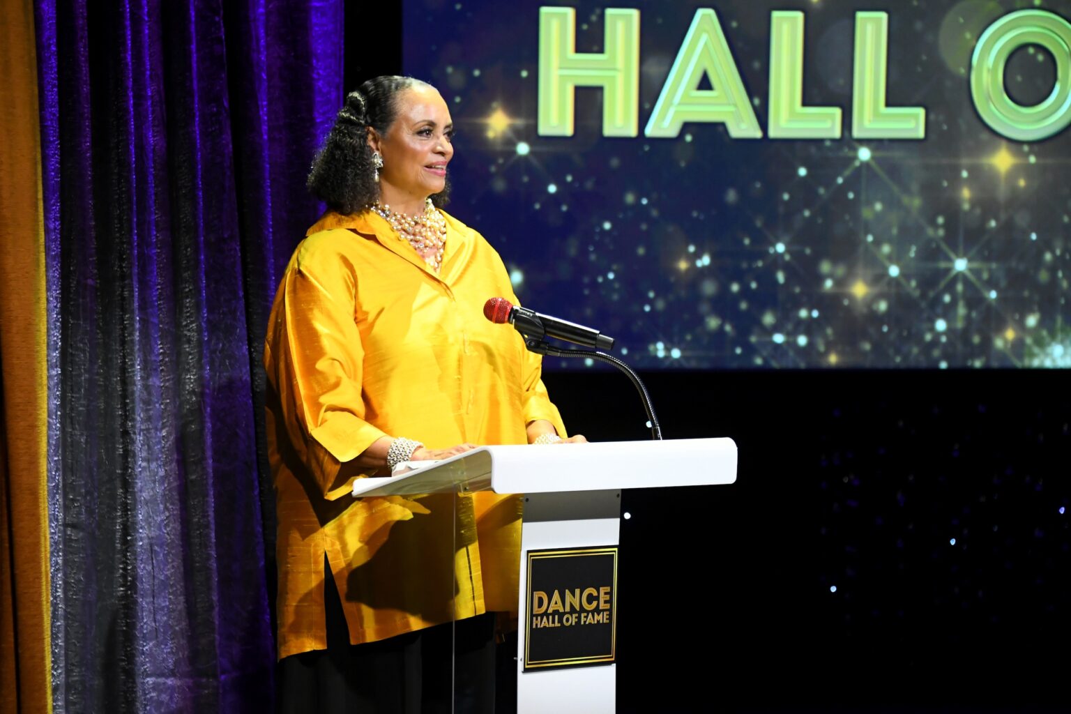CULVER CITY, CALIFORNIA - DECEMBER 03: Donna Wood speaks onstage during the inaugural Dance Hall of Fame ceremony honoring the most influential artists in dance history at Glorya Kaufman Community Center on December 03, 2025 in Culver City, California. (Photo by Alberto E. Rodriguez/Getty Images for Dance Hall of Fame)
