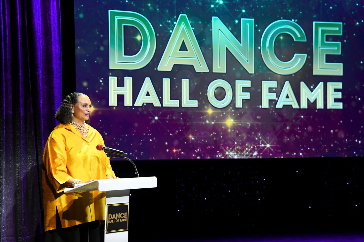 CULVER CITY, CALIFORNIA - DECEMBER 03: Donna Wood speaks onstage during the inaugural Dance Hall of Fame ceremony honoring the most influential artists in dance history at Glorya Kaufman Community Center on December 03, 2025 in Culver City, California. (Photo by Alberto E. Rodriguez/Getty Images for Dance Hall of Fame)