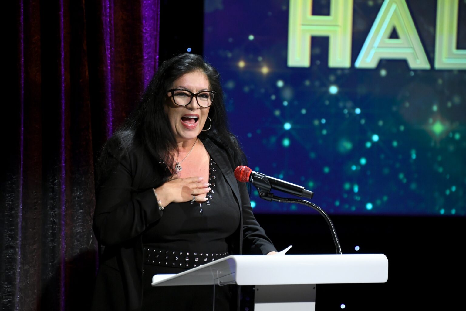 CULVER CITY, CALIFORNIA - DECEMBER 03: Doriana Sanchez speaks onstage during the inaugural Dance Hall of Fame ceremony honoring the most influential artists in dance history at Glorya Kaufman Community Center on December 03, 2025 in Culver City, California. (Photo by Alberto E. Rodriguez/Getty Images for Dance Hall of Fame)
