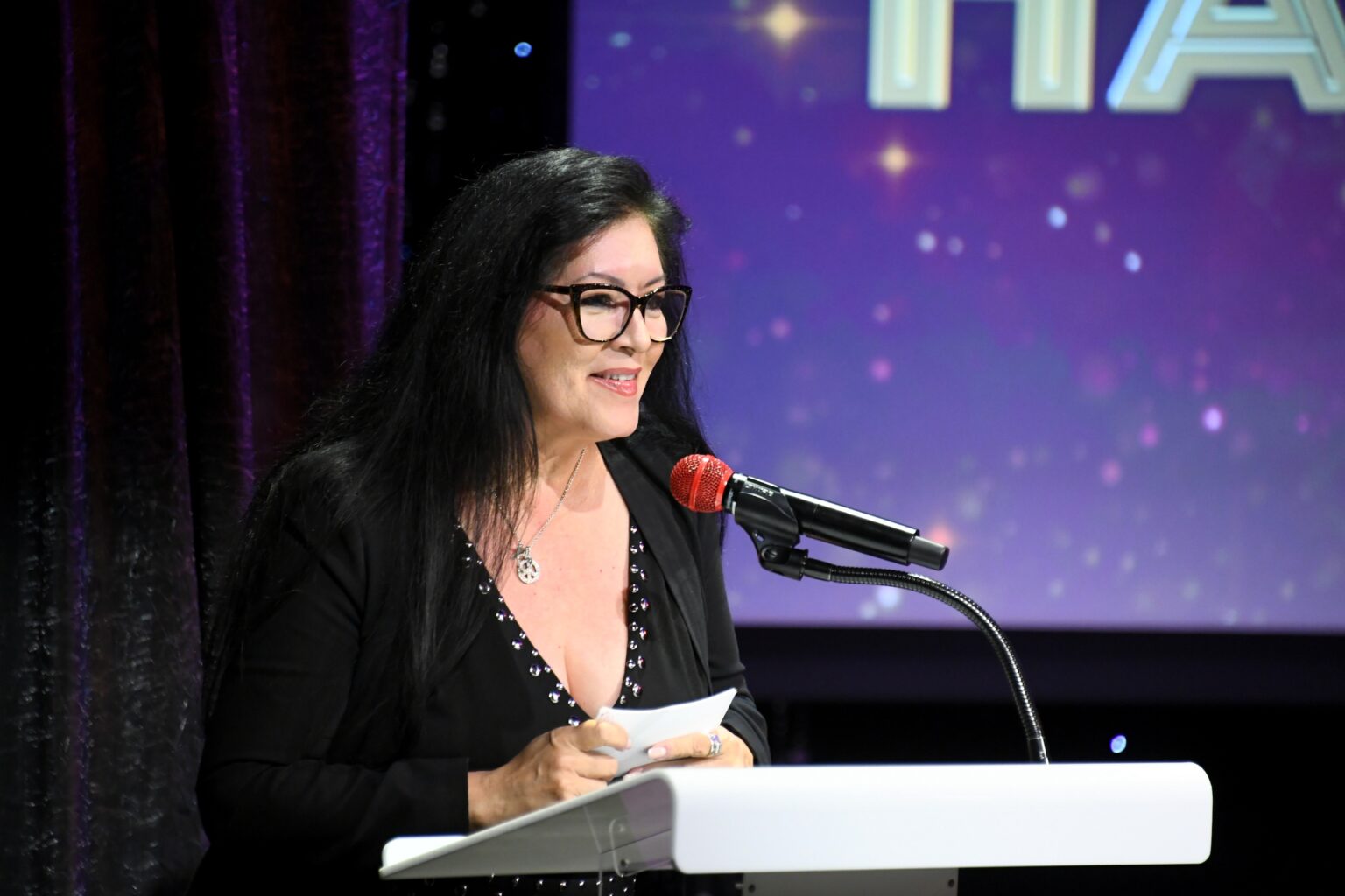 CULVER CITY, CALIFORNIA - DECEMBER 03: Doriana Sanchez speaks onstage during the inaugural Dance Hall of Fame ceremony honoring the most influential artists in dance history at Glorya Kaufman Community Center on December 03, 2025 in Culver City, California. (Photo by Alberto E. Rodriguez/Getty Images for Dance Hall of Fame)