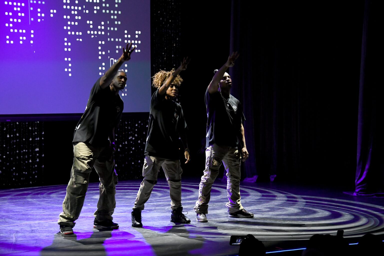 CULVER CITY, CALIFORNIA - DECEMBER 03: (L-R) Cyrus Spencer, Comfort Fedoke, and Dushaunt "Fik-Shun" Stegall perform "Forever" onstage during the inaugural Dance Hall of Fame ceremony honoring the most influential artists in dance history at Glorya Kaufman Community Center on December 03, 2025 in Culver City, California. (Photo by Alberto E. Rodriguez/Getty Images for Dance Hall of Fame)