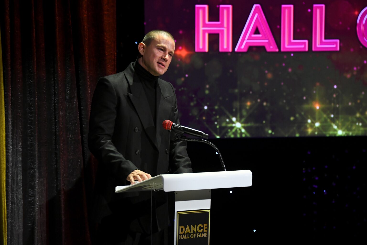CULVER CITY, CALIFORNIA - DECEMBER 03: Channing Tatum speaks onstage during the inaugural Dance Hall of Fame ceremony honoring the most influential artists in dance history at Glorya Kaufman Community Center on December 03, 2025 in Culver City, California. (Photo by Alberto E. Rodriguez/Getty Images for Dance Hall of Fame)