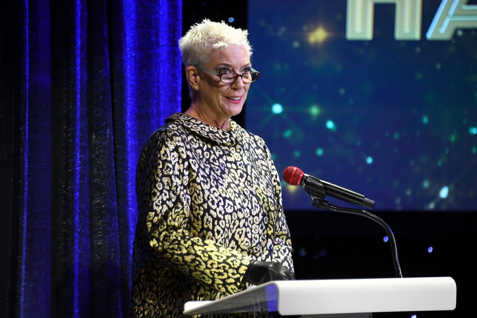 CULVER CITY, CALIFORNIA - DECEMBER 03: Patricia Ward Kelly speaks onstage during the inaugural Dance Hall of Fame ceremony honoring the most influential artists in dance history at Glorya Kaufman Community Center on December 03, 2025 in Culver City, California. (Photo by Alberto E. Rodriguez/Getty Images for Dance Hall of Fame)