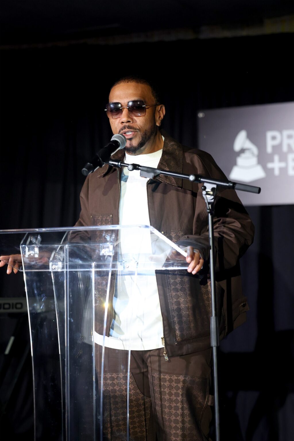 LOS ANGELES, CALIFORNIA - JANUARY 28: Timbaland speaks onstage during the Producers & Engineers Wing GRAMMY Week Celebration at The Preserve LA on January 28, 2026 in Los Angeles, California. (Photo by Maury Phillips/Getty Images for The Recording Academy)
