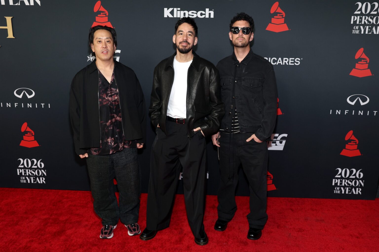 LOS ANGELES, CALIFORNIA - JANUARY 30: (L-R) Joe Hahn, Mike Shinoda and Colin Brittain of Linkin Park attend 2026 MusiCares Person of the Year Honoring Mariah Carey on January 30, 2026 in Los Angeles, California. (Photo by Matt Winkelmeyer/Getty Images for The Recording Academy)
