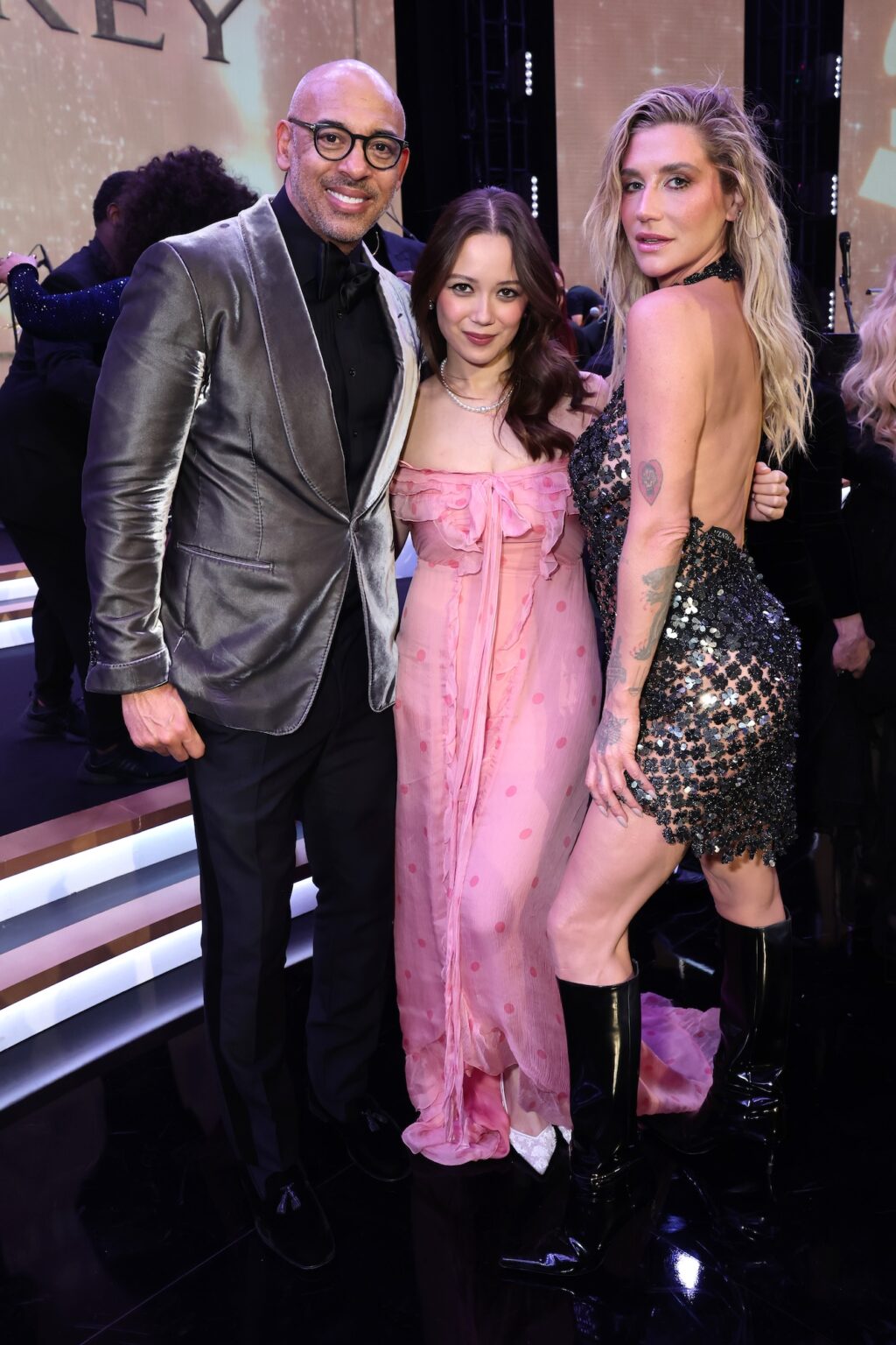 LOS ANGELES, CALIFORNIA - JANUARY 30: (L-R) Harvey Mason Jr., CEO, Recording Academy & MusiCares, Laufey and Kesha attend 2026 MusiCares Person of the Year Honoring Mariah Carey on January 30, 2026 in Los Angeles, California. (Photo by Emma McIntyre/Getty Images for The Recording Academy)